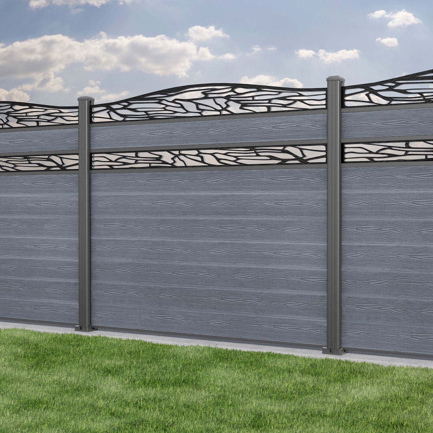 Classic Shatter Curved Top Split Screen Fence Panel - Anthracite - with our aluminium posts