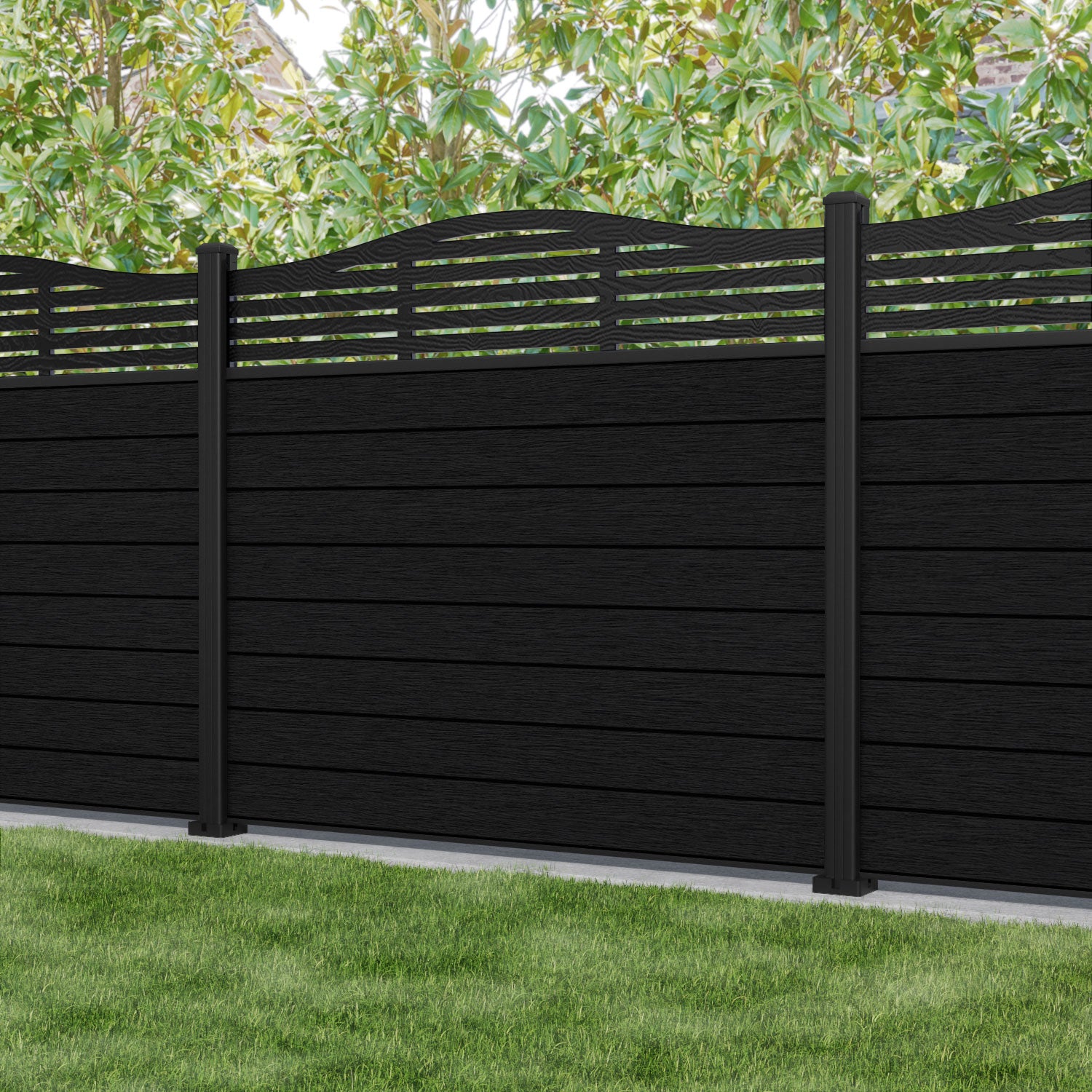 Fusion Aspen Curved Top Fence Panel - Black - with our composite posts
