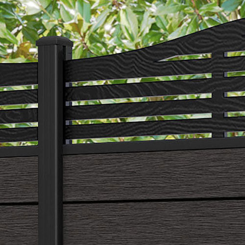 Fusion Aspen Curved Top Fence Panel - Dark Oak - with our aluminium posts