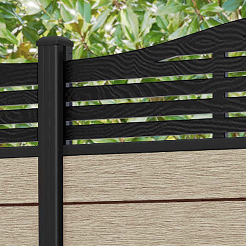 Fusion Aspen Curved Top Fence Panel - Light Oak - with our aluminium posts