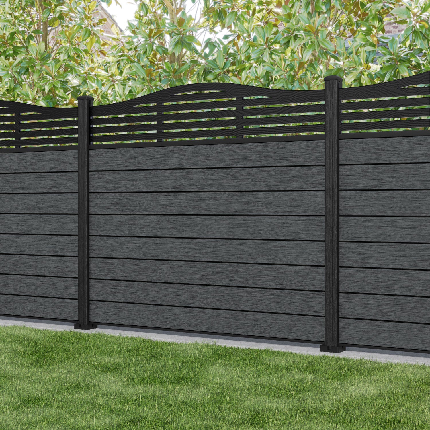 Fusion Aspen Curved Top Fence Panel - Dark Grey - with our composite posts