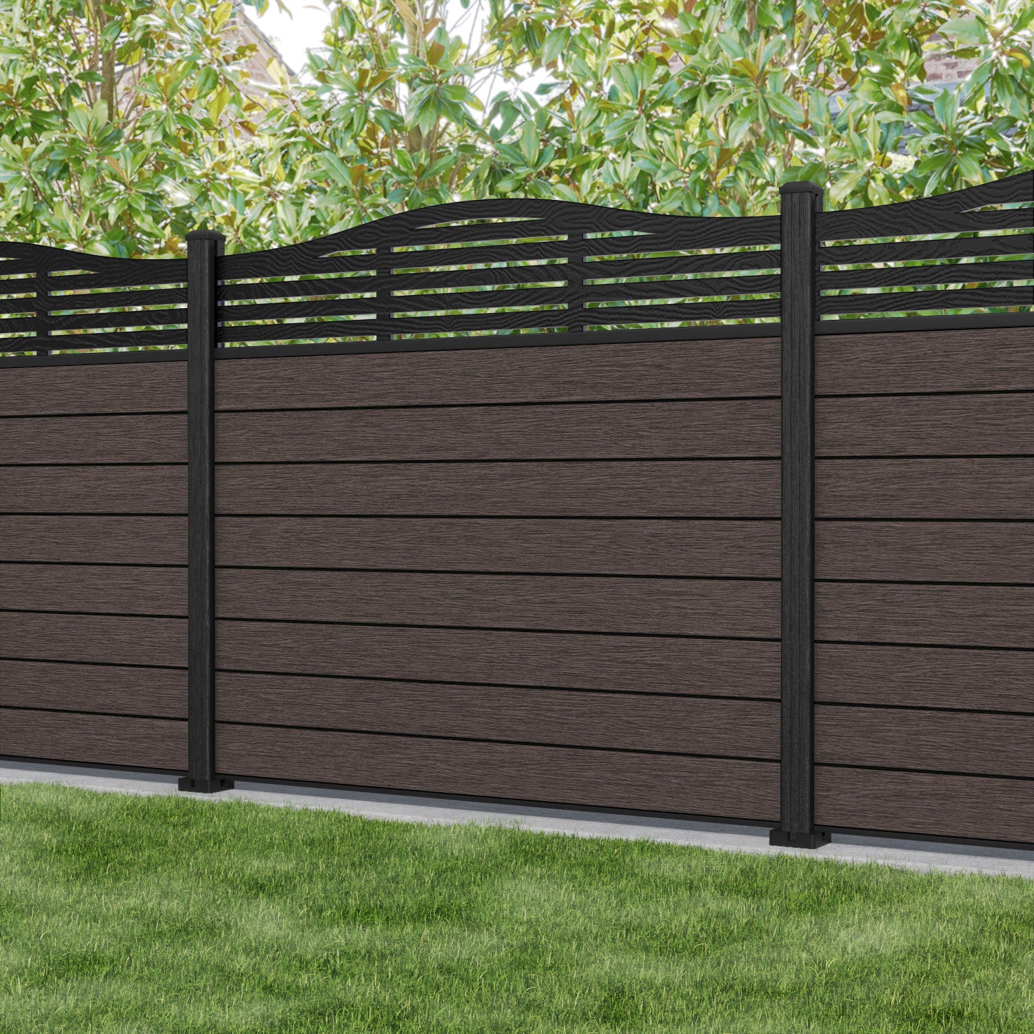Fusion Aspen Curved Top Fence Panel - Mid Brown - with our composite posts