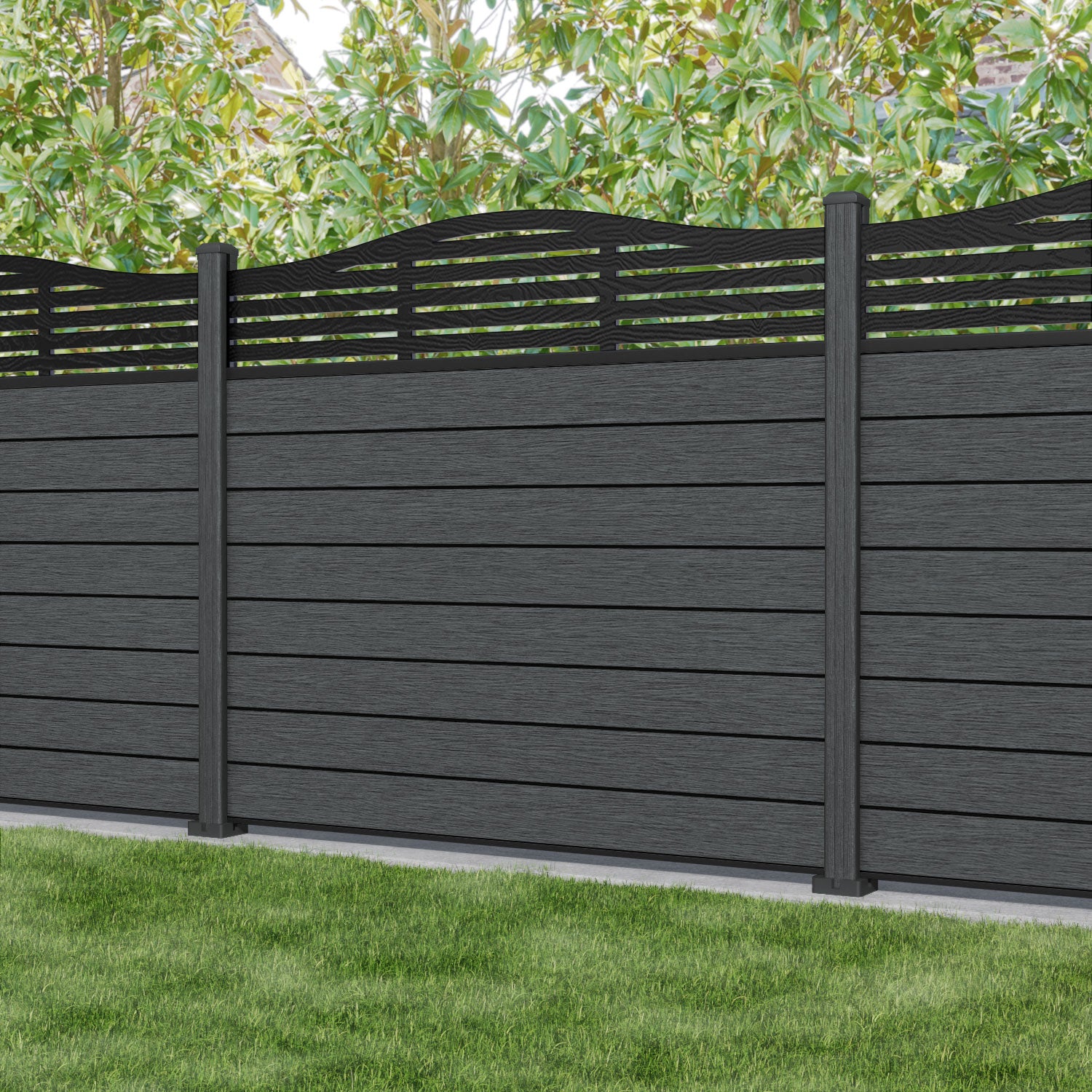 Fusion Aspen Curved Top Fence Panel - Dark Grey - with our composite posts