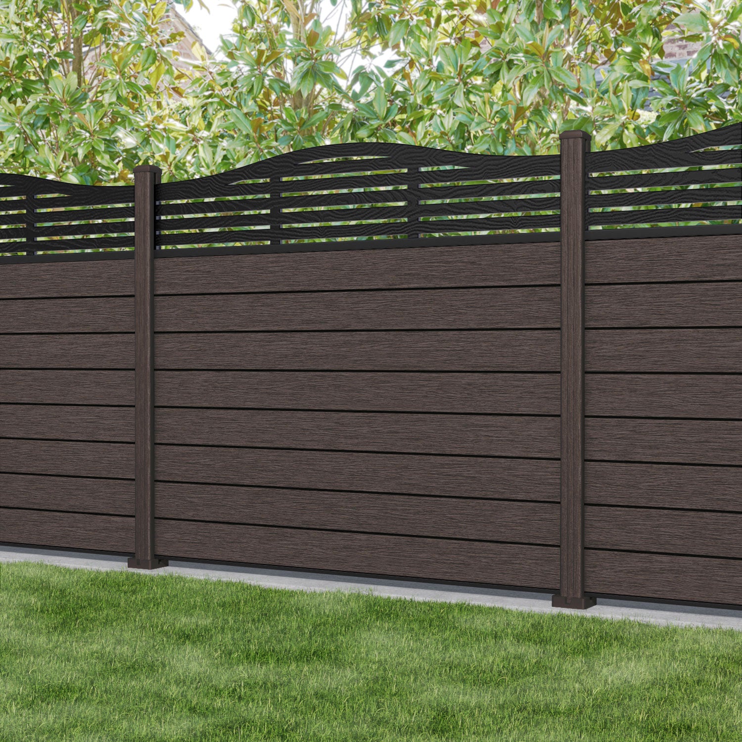 Fusion Aspen Curved Top Fence Panel - Mid Brown - with our composite posts