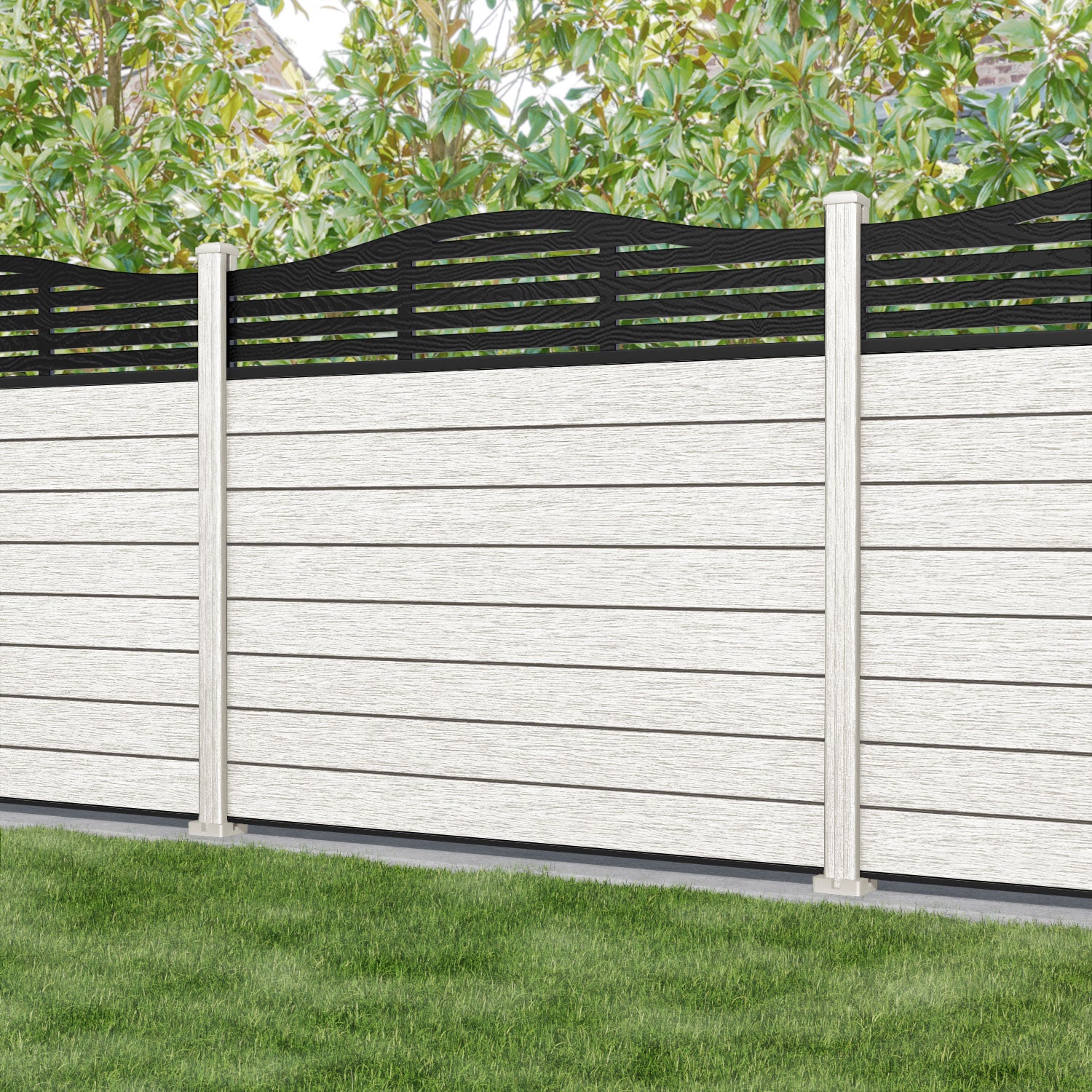 Fusion Aspen Curved Top Fence Panel - Light Stone - with our composite posts