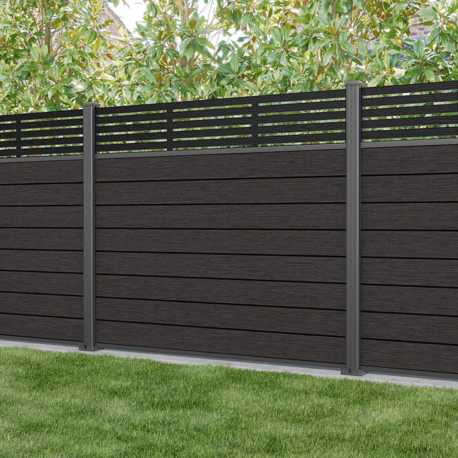 Fusion Aspen Fence Panel - Dark Oak - with our aluminium posts