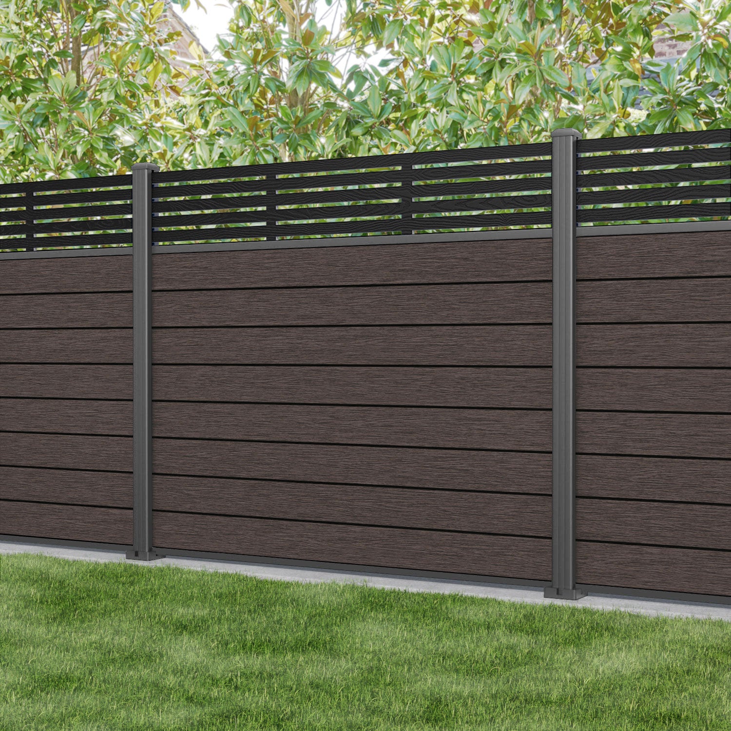 Fusion Aspen Fence Panel - Mid Brown - with our aluminium posts