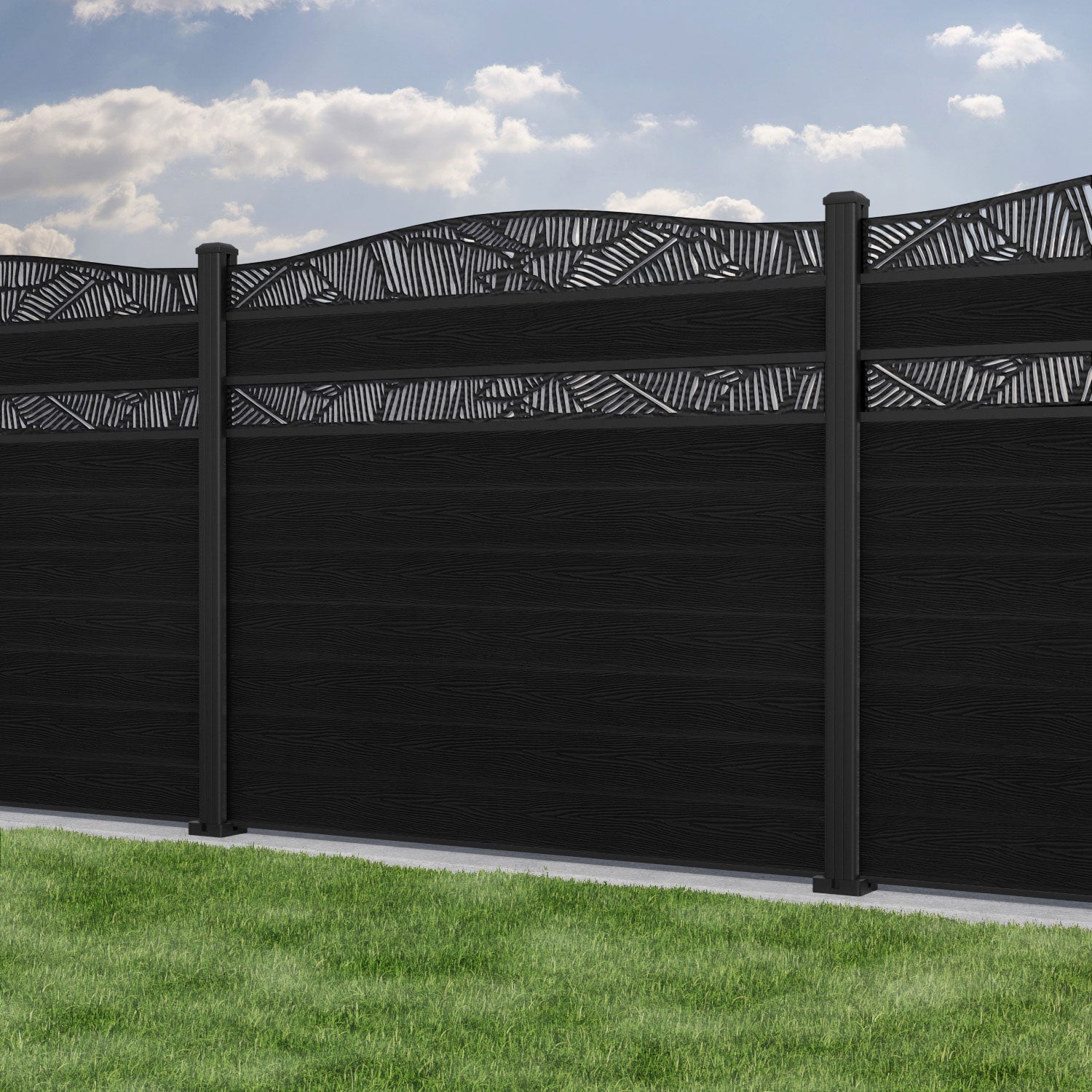 Classic Feather Curved Top Split Screen Fence Panel - Black - with our aluminium posts
