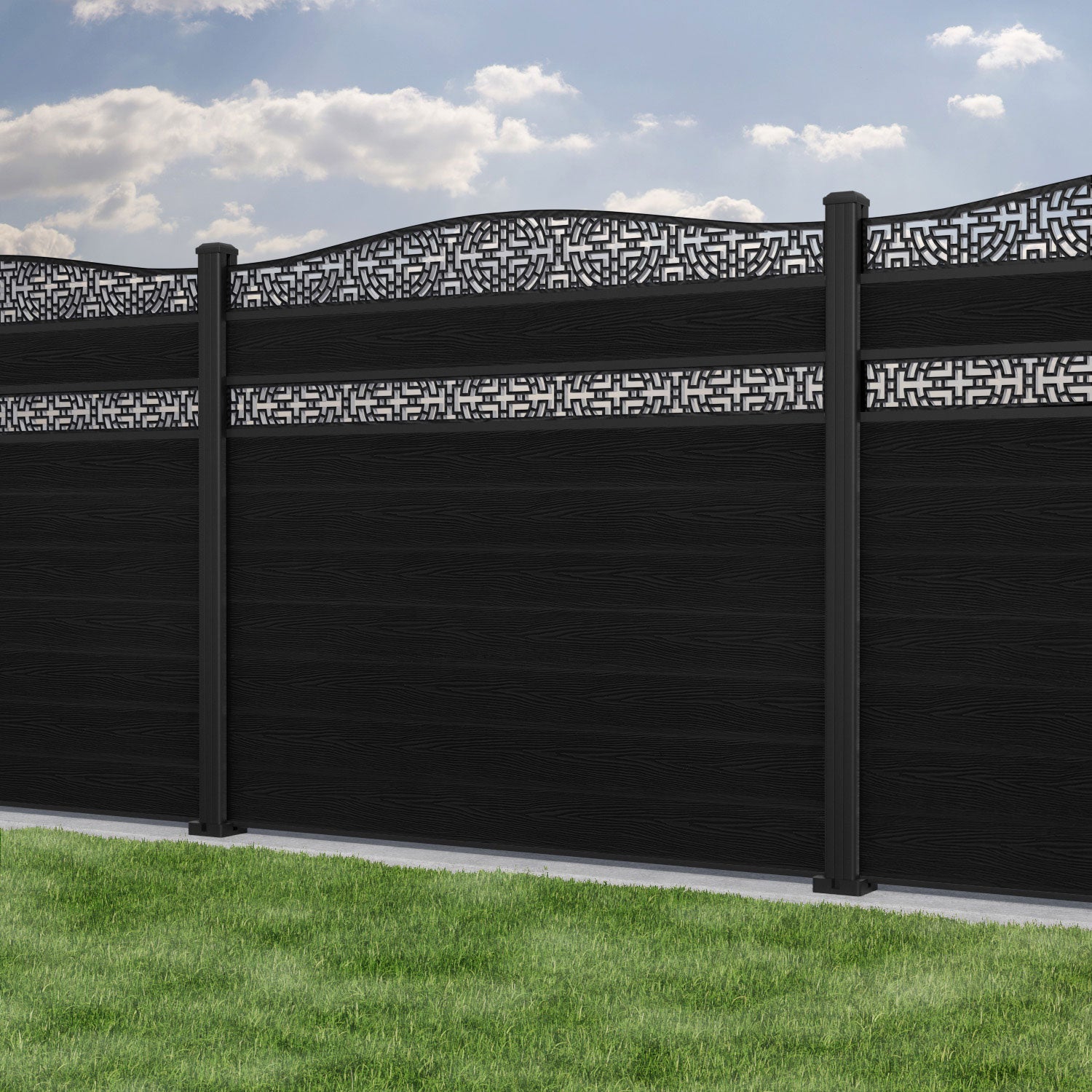 Classic Kumo Curved Top Split Screen Fence Panel - Black - with our aluminium posts