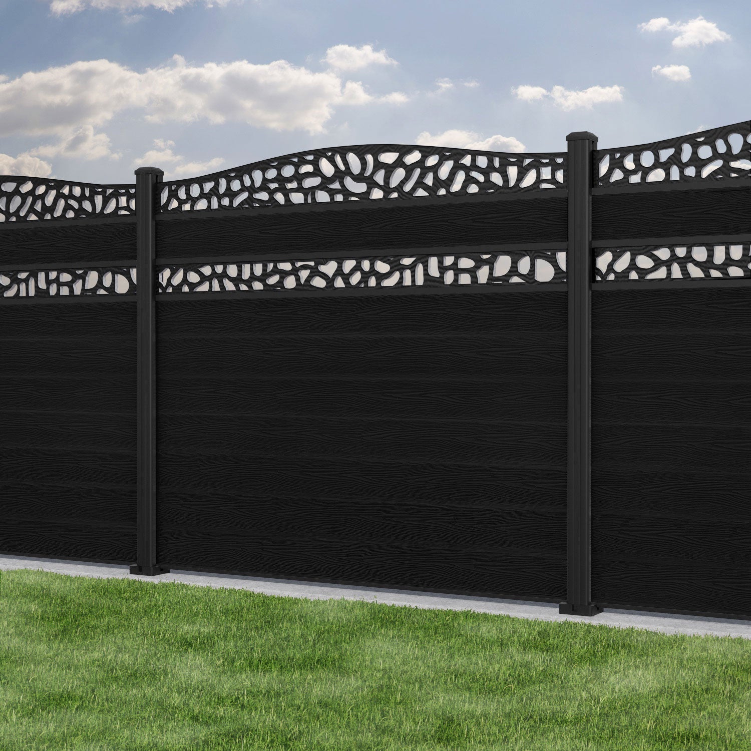 Classic Pebble Curved Top Split Screen Fence Panel - Black - with our aluminium posts