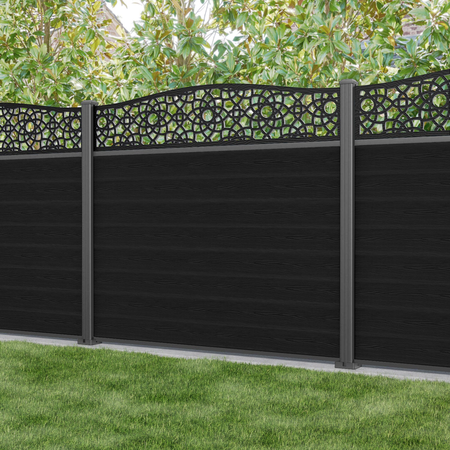 Classic Ambar Curved Top Fence Panel - Black - with our aluminium posts