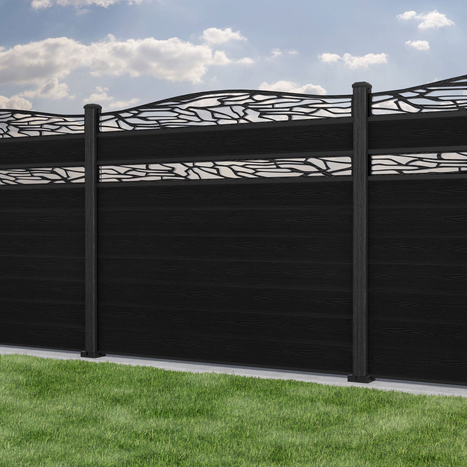 Classic Shatter Curved Top Split Screen Fence Panel - Black - with our composite posts