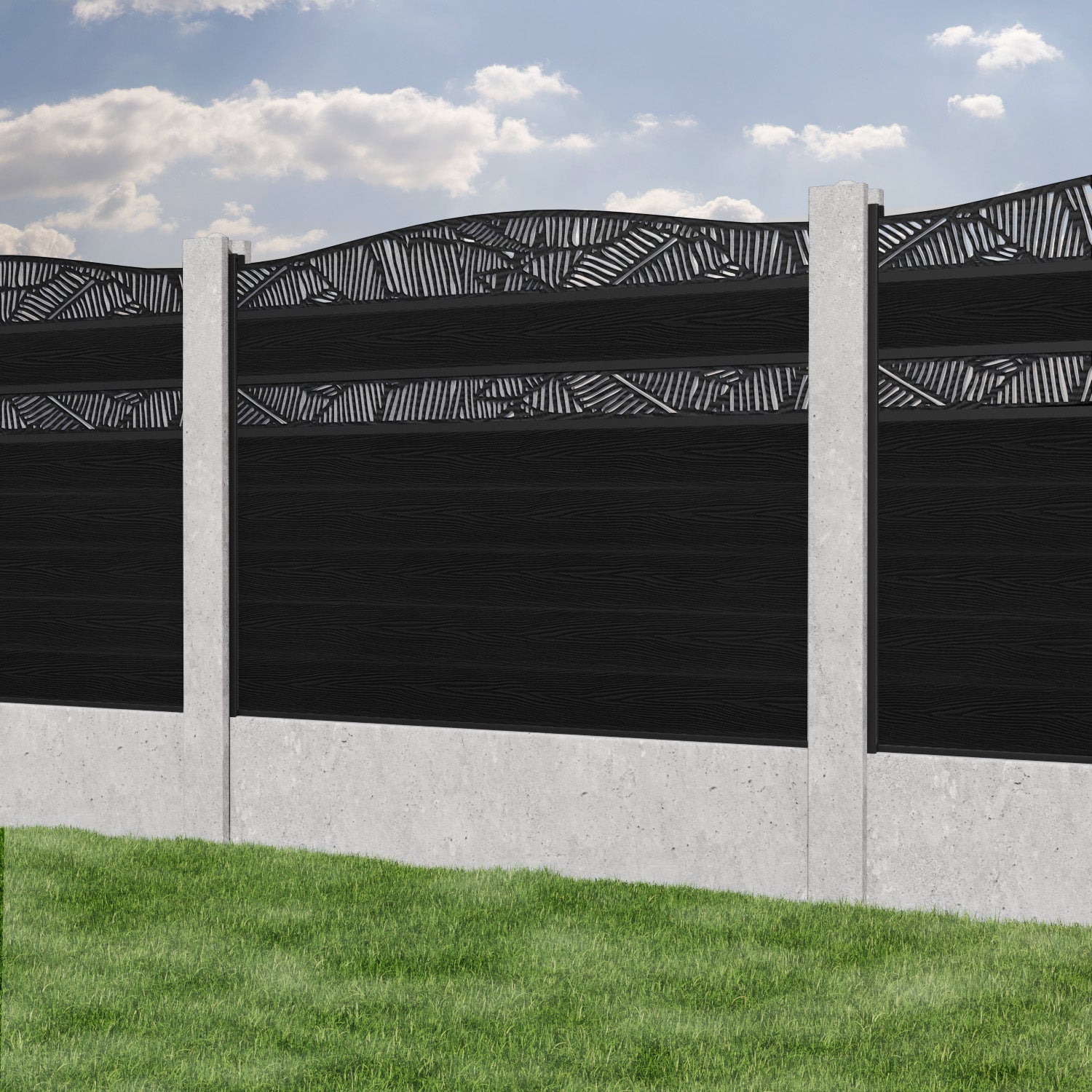 Classic Feather Curved Top Split Screen Fence Panel - Black - for existing concrete posts