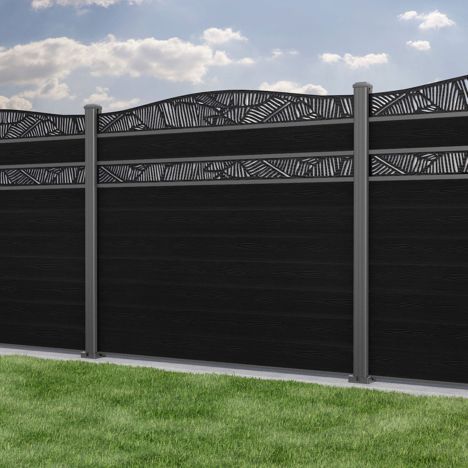 Classic Feather Curved Top Split Screen Fence Panel - Black - with our aluminium posts