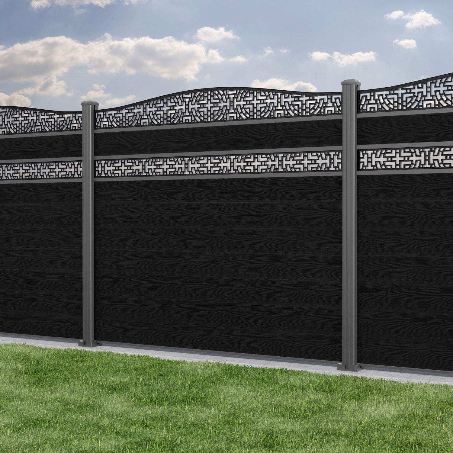 Classic Kumo Curved Top Split Screen Fence Panel - Black - with our aluminium posts
