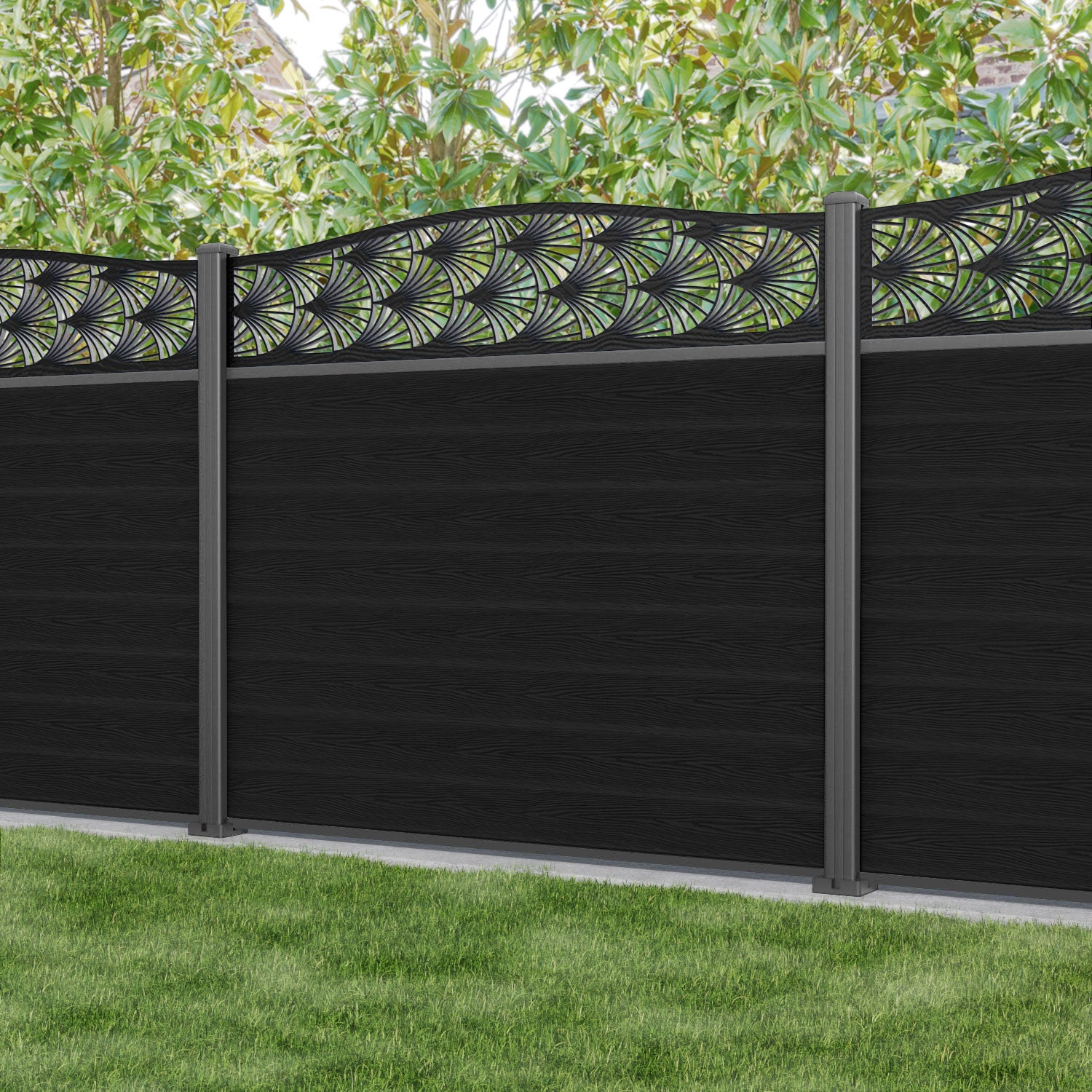Classic Laurel Curved Top Fence Panel - Black - with our aluminium posts