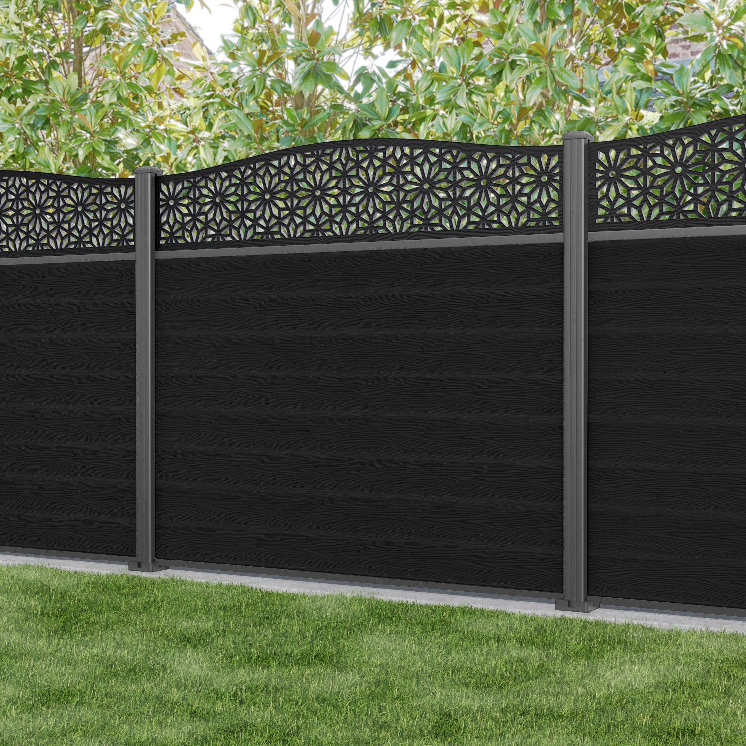 Classic Narwa Curved Top Fence Panel - Black - with our aluminium posts