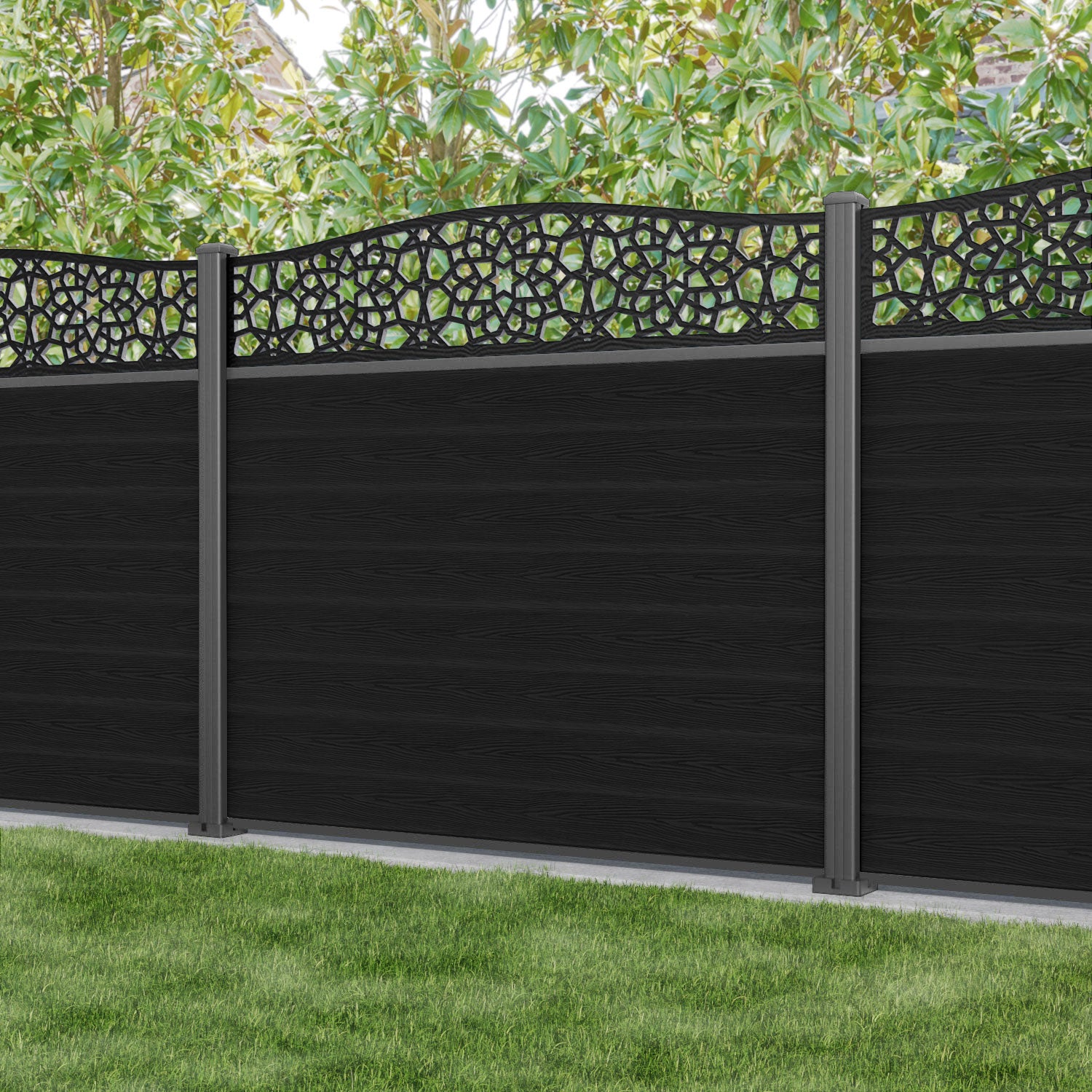 Classic Nazira Curved Top Fence Panel - Black - with our aluminium posts