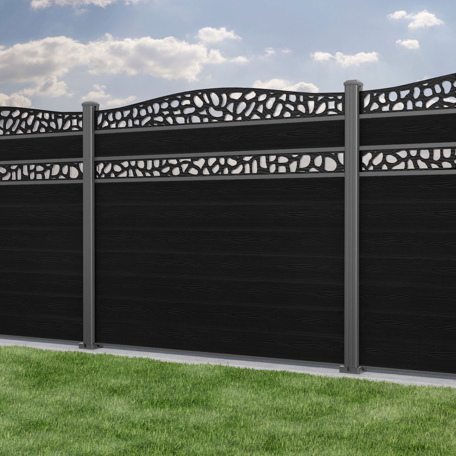 Classic Pebble Curved Top Split Screen Fence Panel - Black - with our aluminium posts