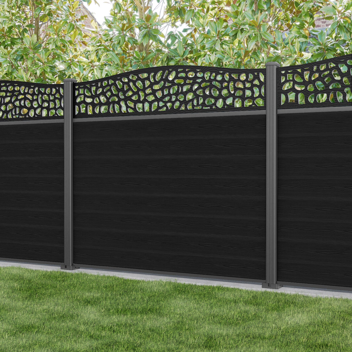 Classic Pebble Curved Top Fence Panel - Black - with our aluminium posts