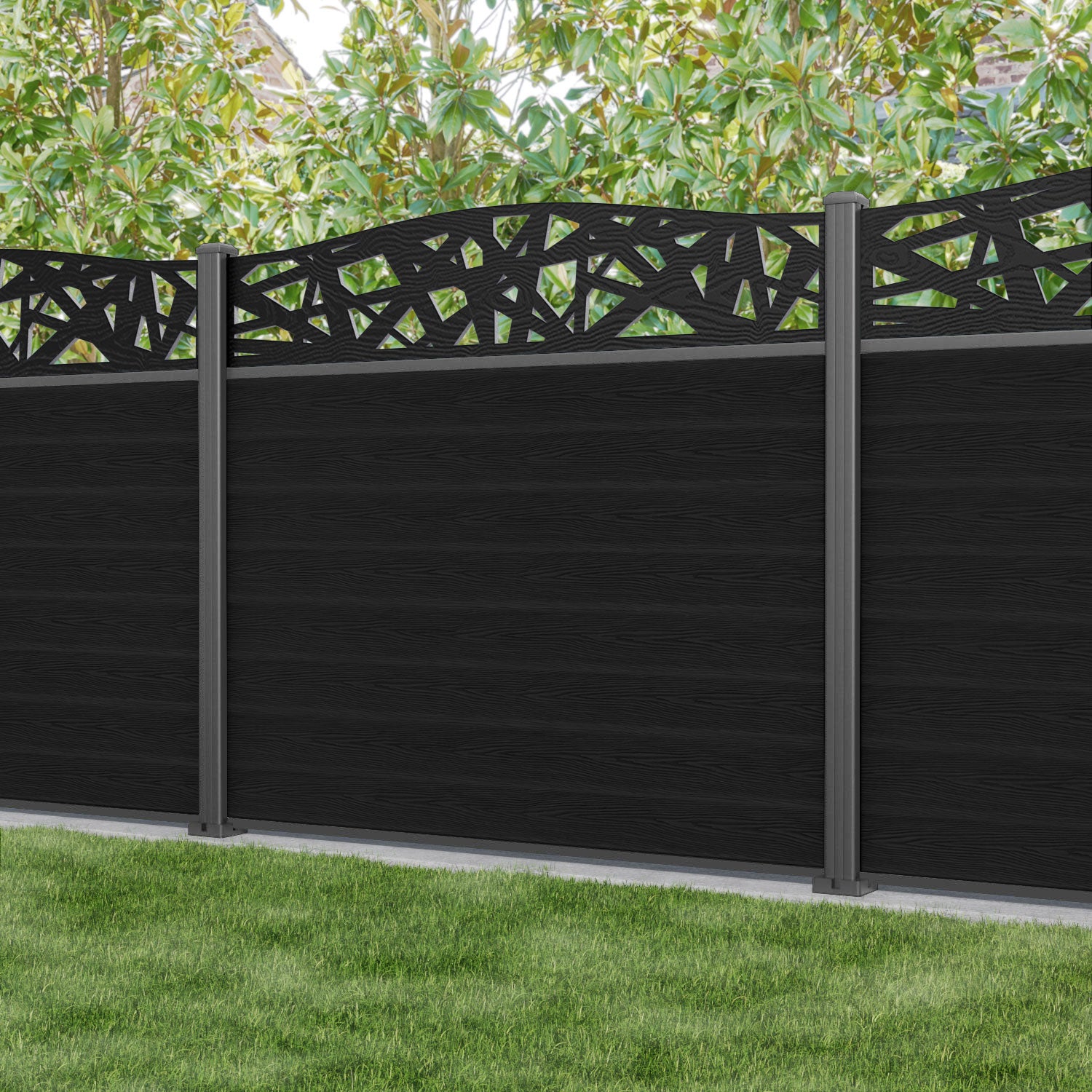 Classic Prism Curved Top Fence Panel - Black - with our aluminium posts