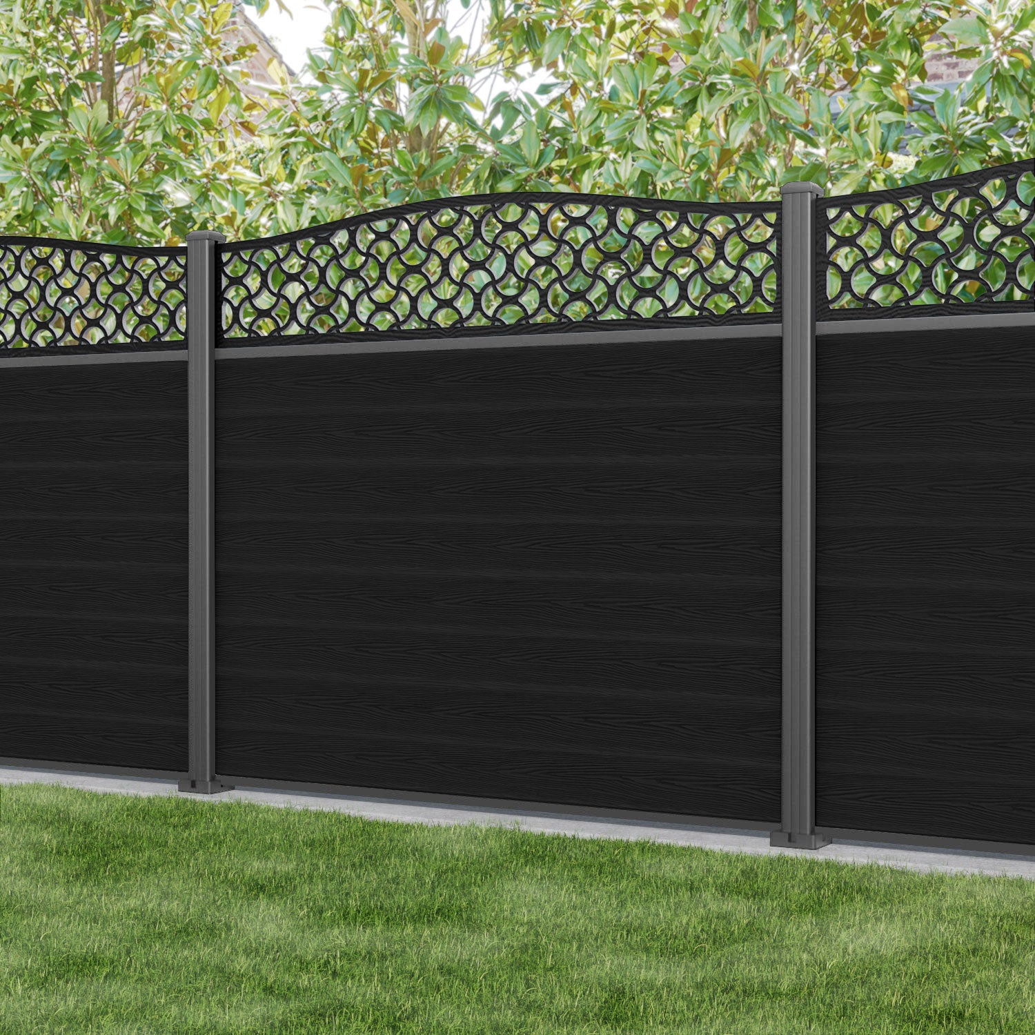 Classic Vida Curved Top Fence Panel - Black - with our aluminium posts
