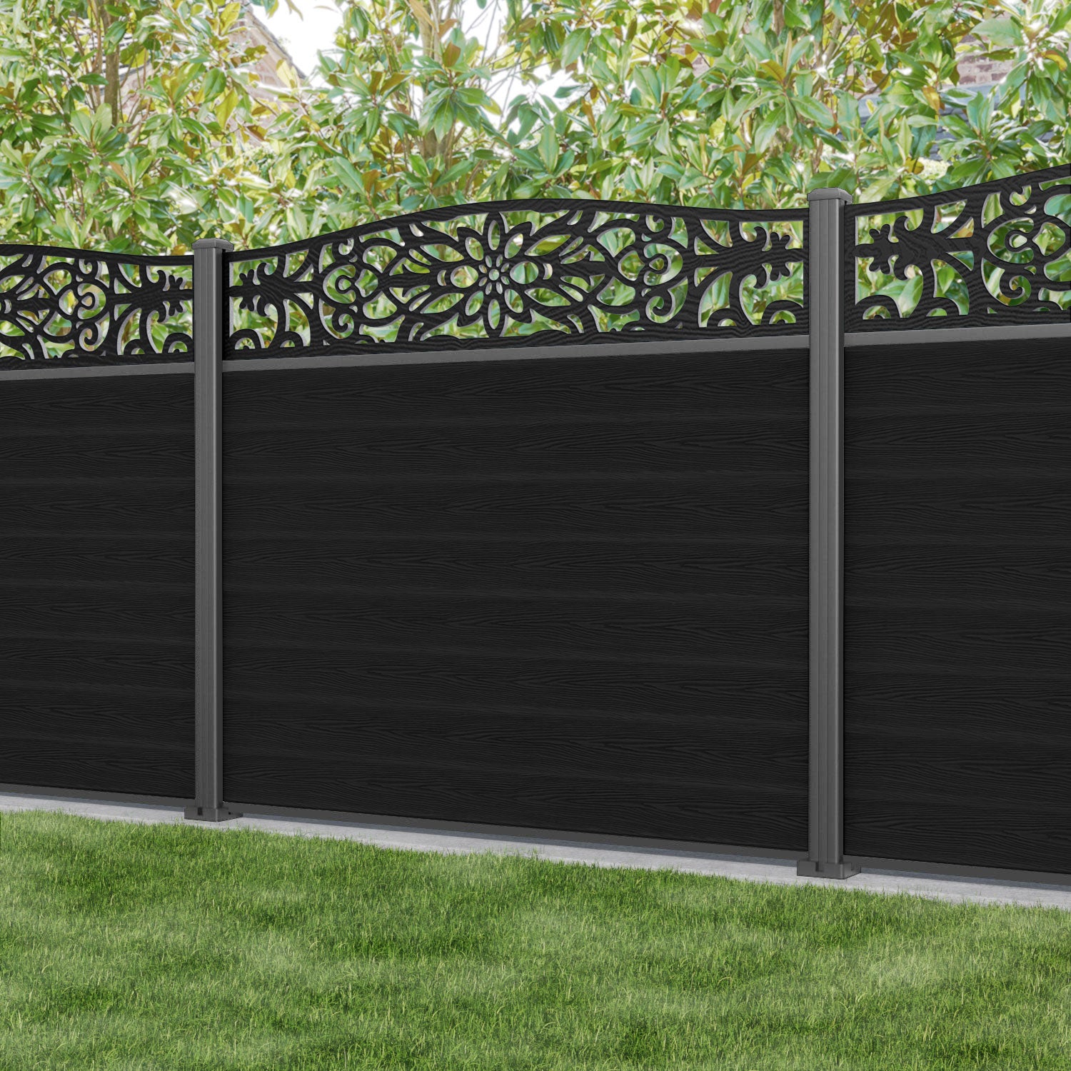 Classic Windsor Curved Top Fence Panel - Black - with our aluminium posts