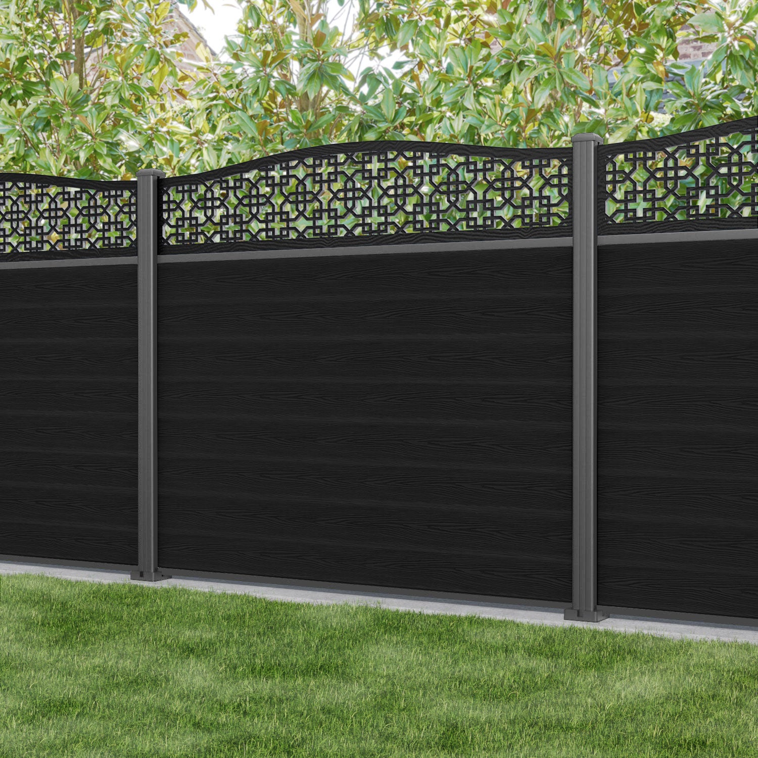 Classic Zaria Curved Top Fence Panel - Black - with our aluminium posts