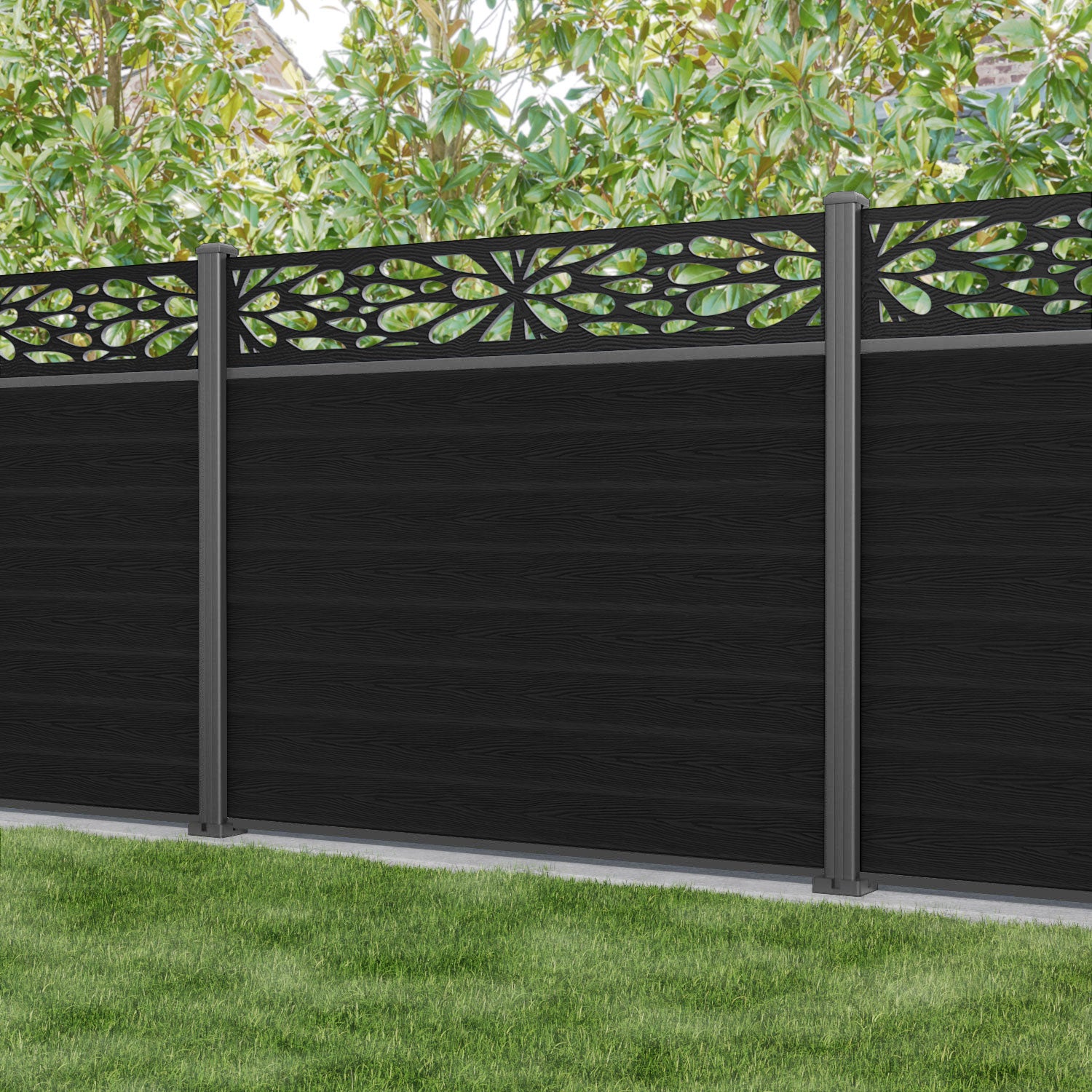 Classic Blossom Fence Panel - Black - with our aluminium posts