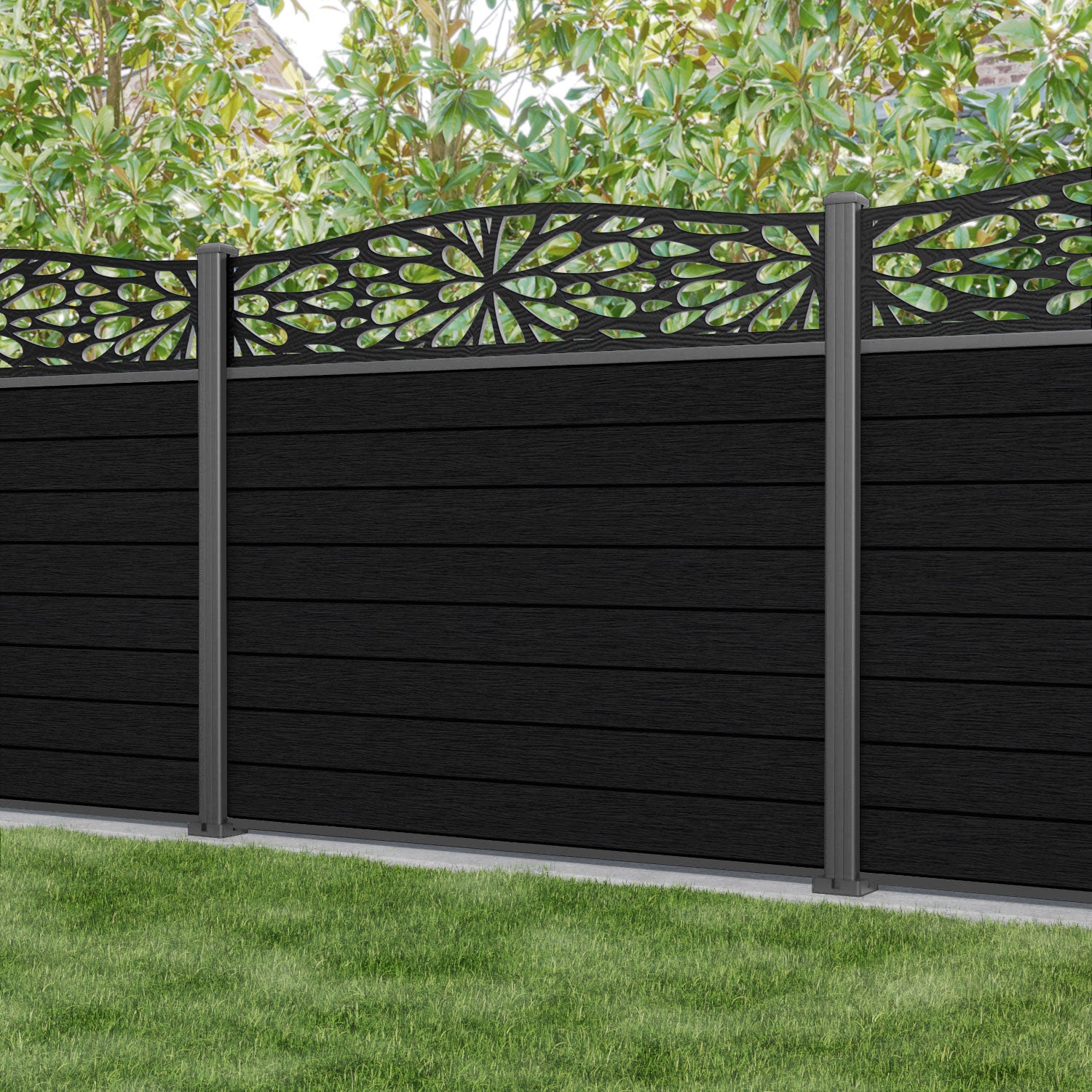 Fusion Blossom Curved Top Fence Panel - Black - with our aluminium posts