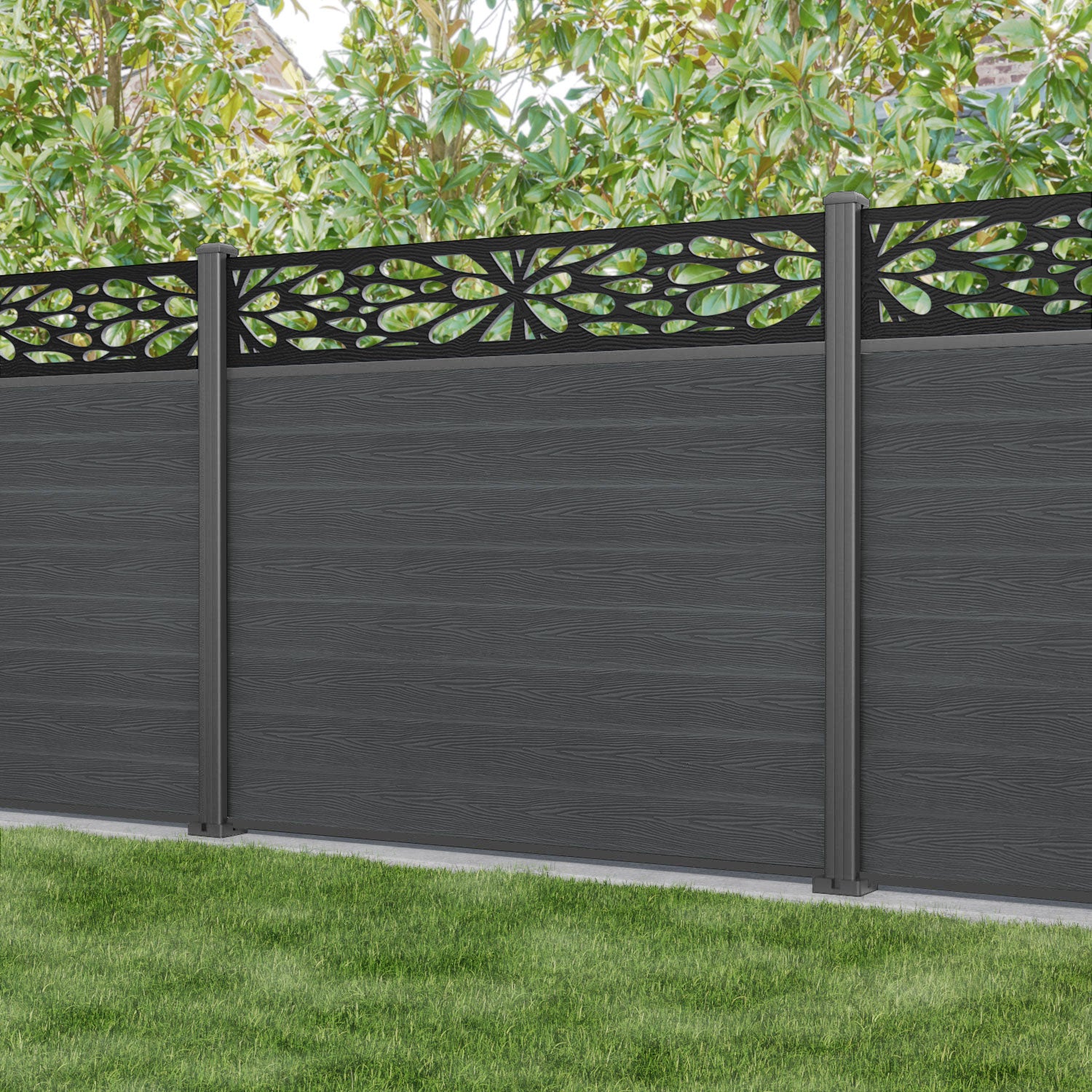 Classic Blossom Fence Panel - Dark Grey - with our aluminium posts