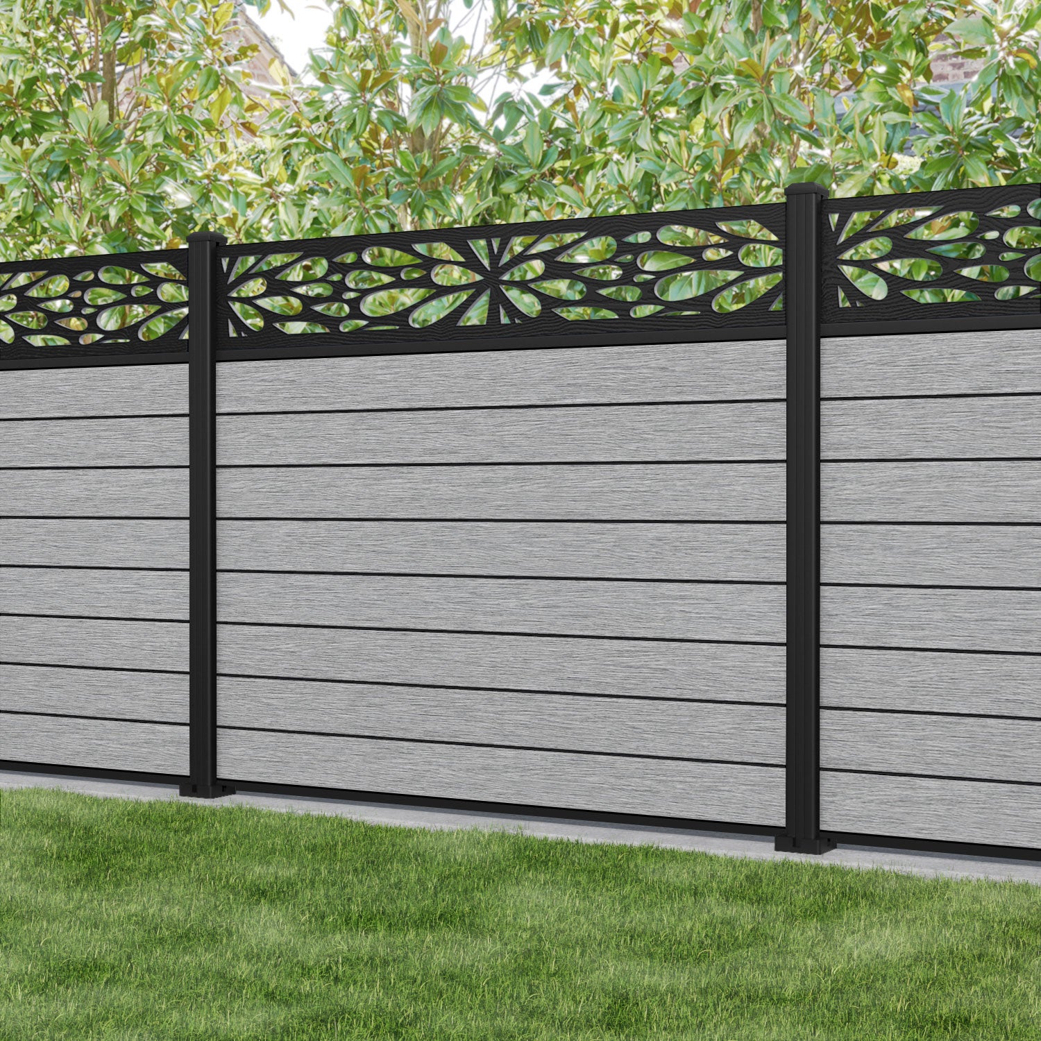 Fusion Blossom Fence Panel - Light Grey - with our aluminium posts