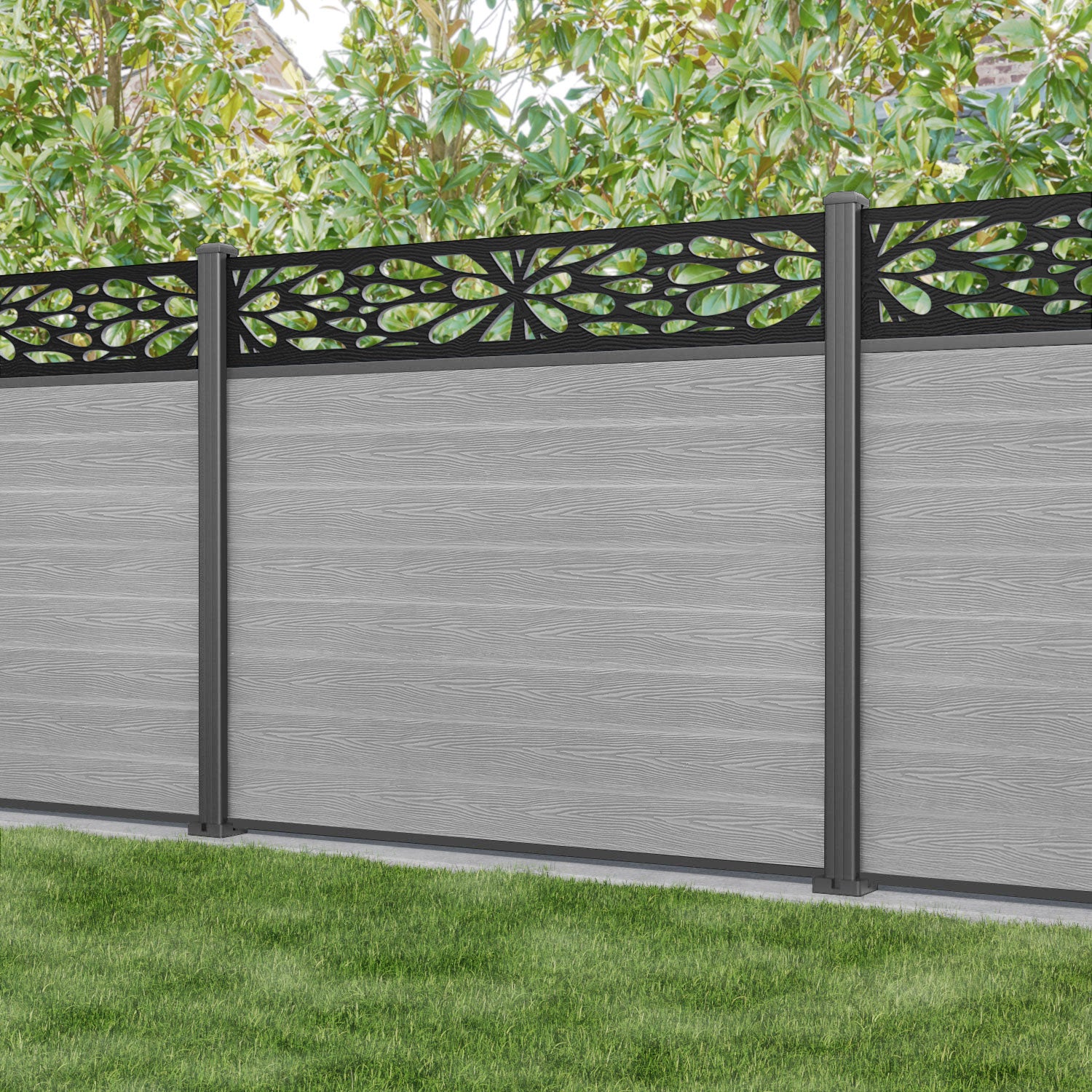 Classic Blossom Fence Panel - Light Grey - with our aluminium posts
