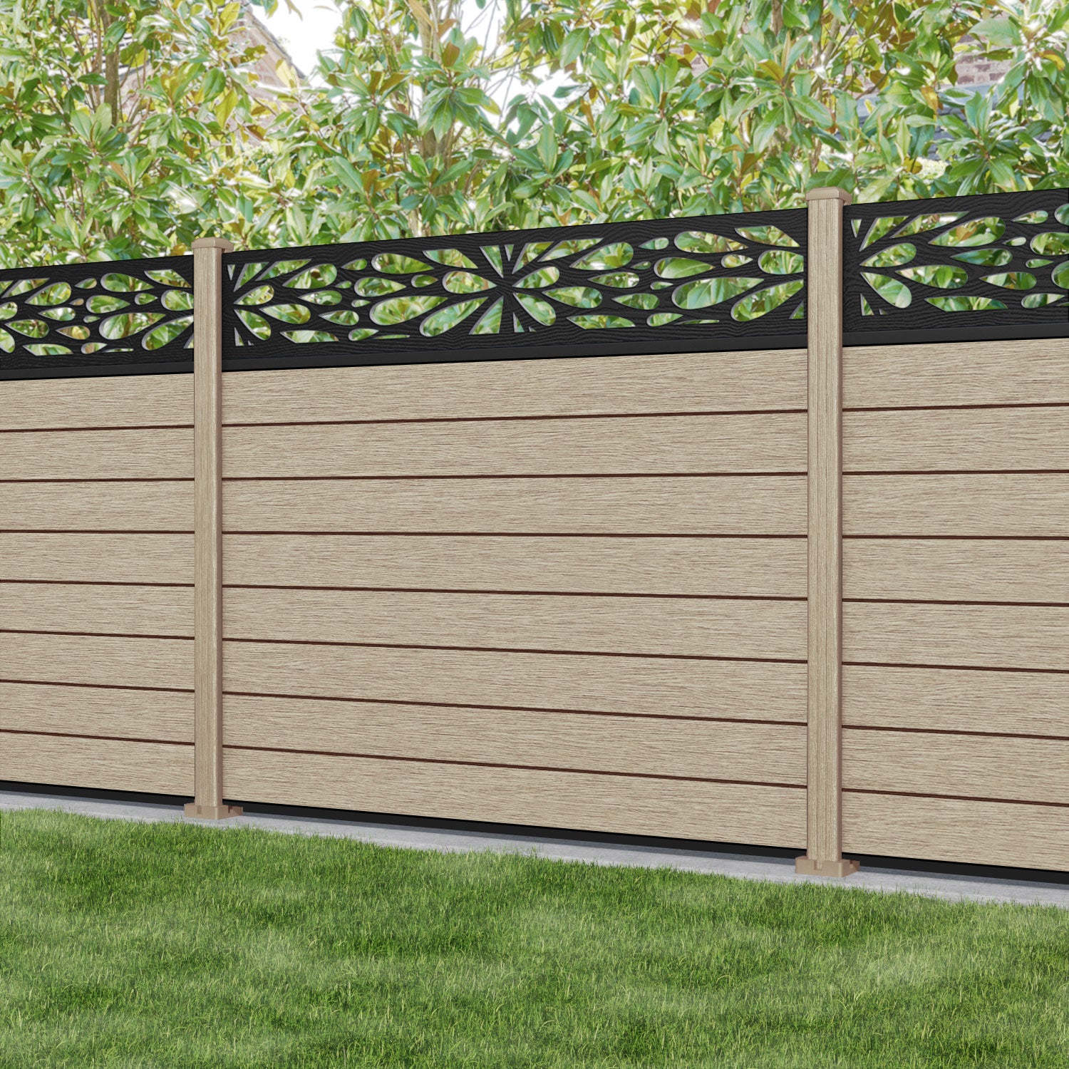 Fusion Blossom Fence Panel - Light Oak - with our composite posts