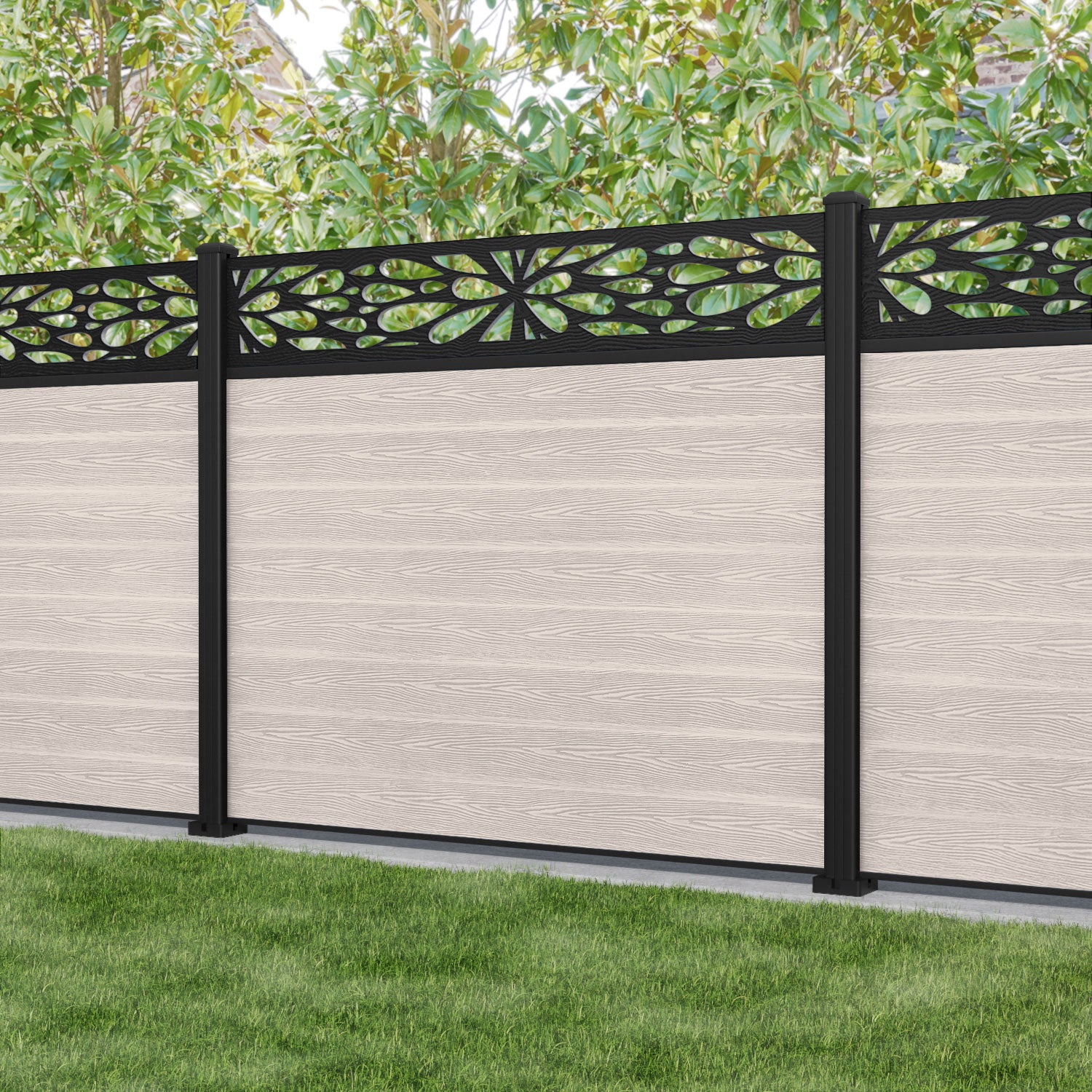Classic Blossom Fence Panel - Mid Stone - with our aluminium posts