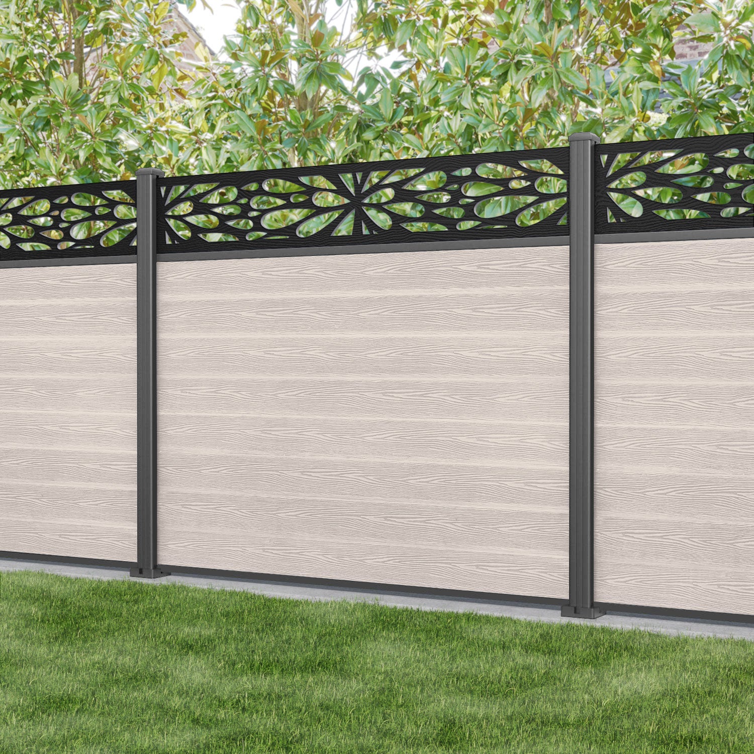 Classic Blossom Fence Panel - Mid Stone - with our aluminium posts