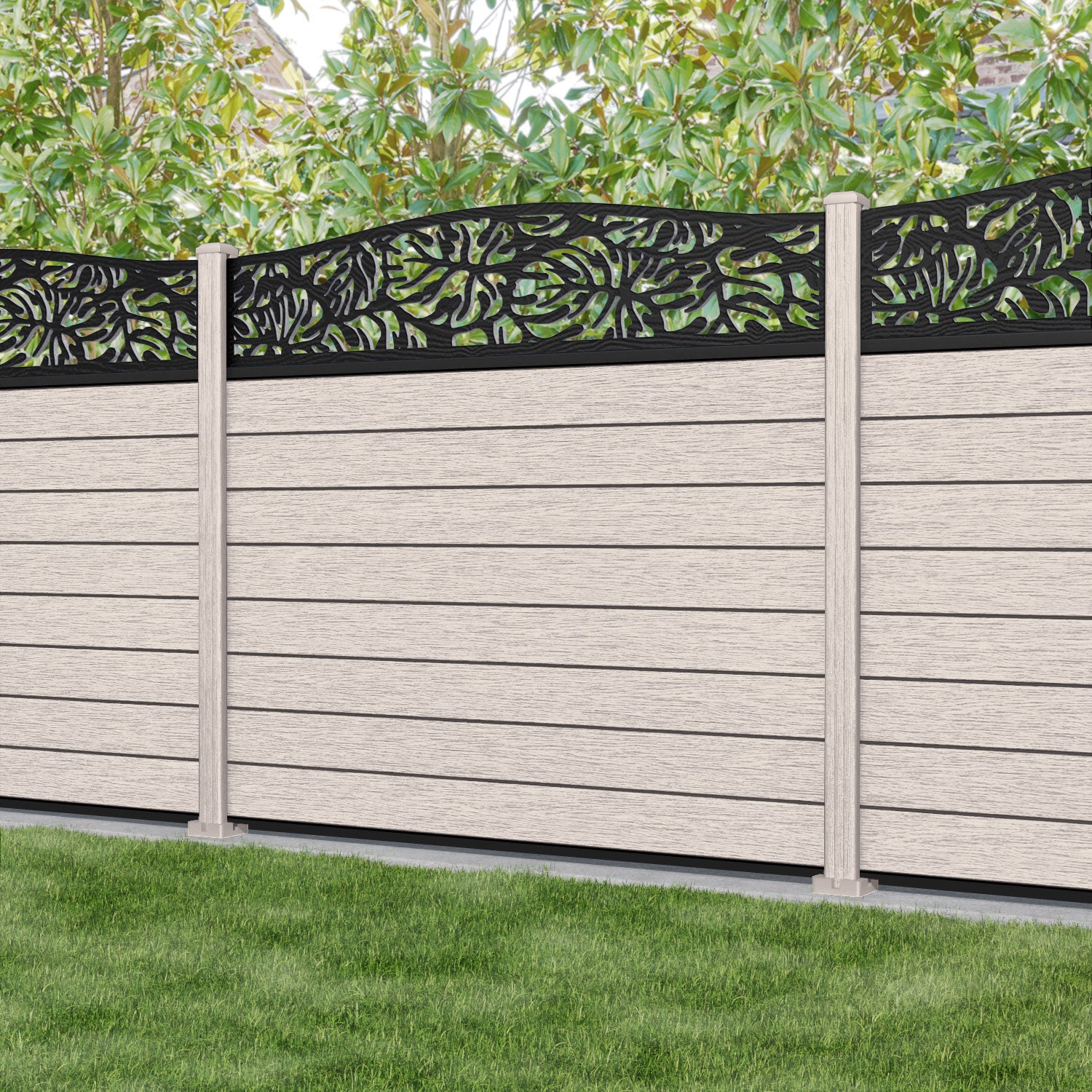 Fusion Botanic Curved Top Fence Panel - Mid Stone - with our composite posts