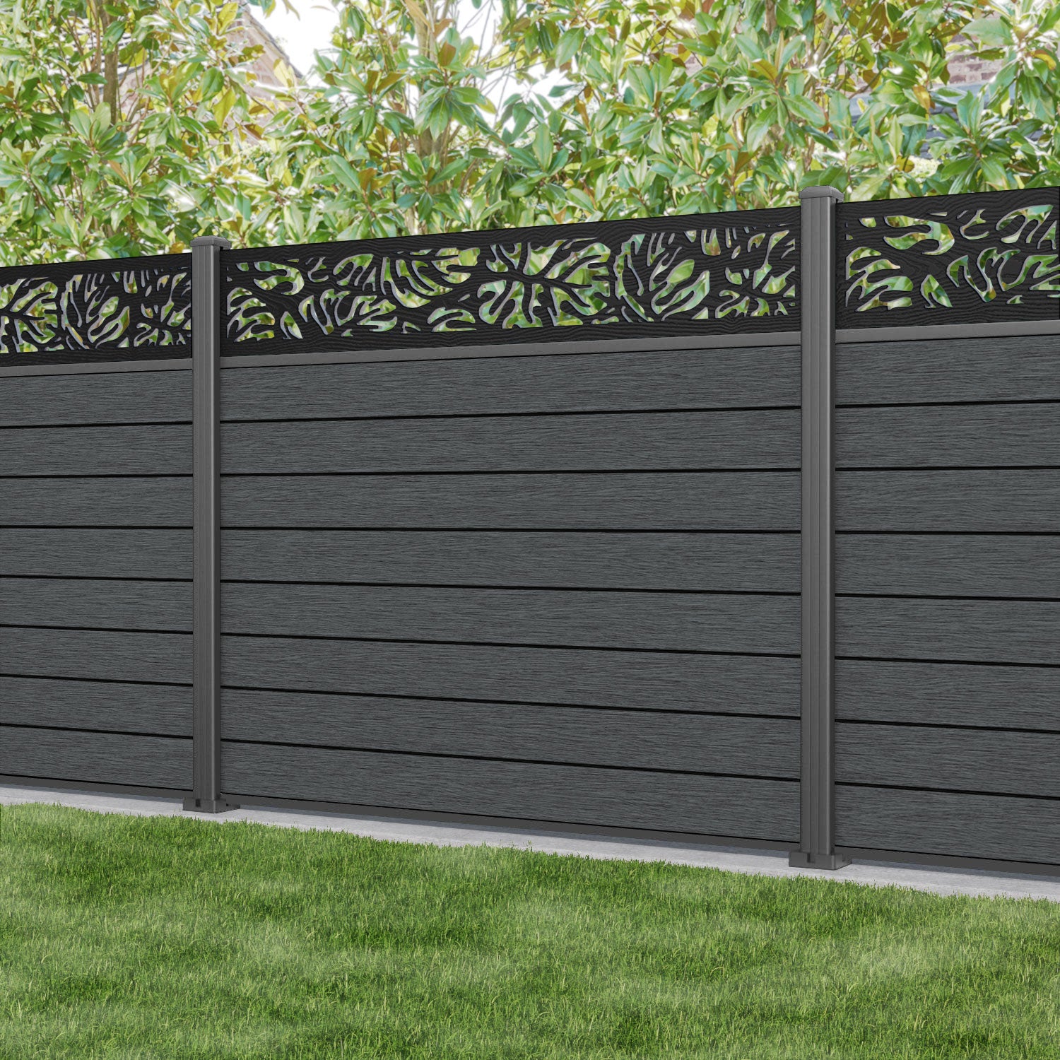 Fusion Botanic Fence Panel - Dark Grey - with our aluminium posts