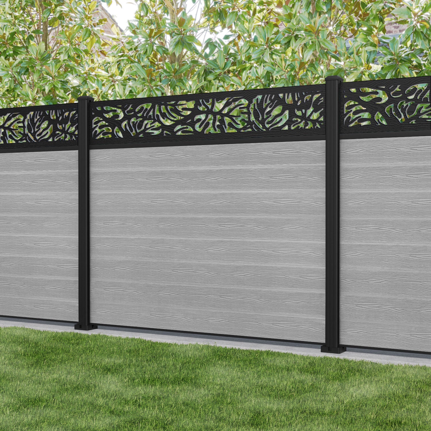 Classic Botanic Fence Panel - Light Grey - with our aluminium posts