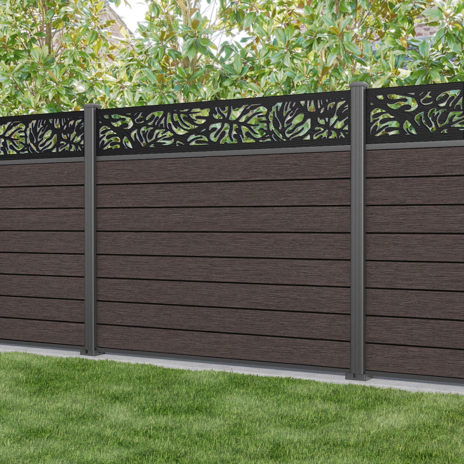 Fusion Botanic Fence Panel - Mid Brown - with our aluminium posts