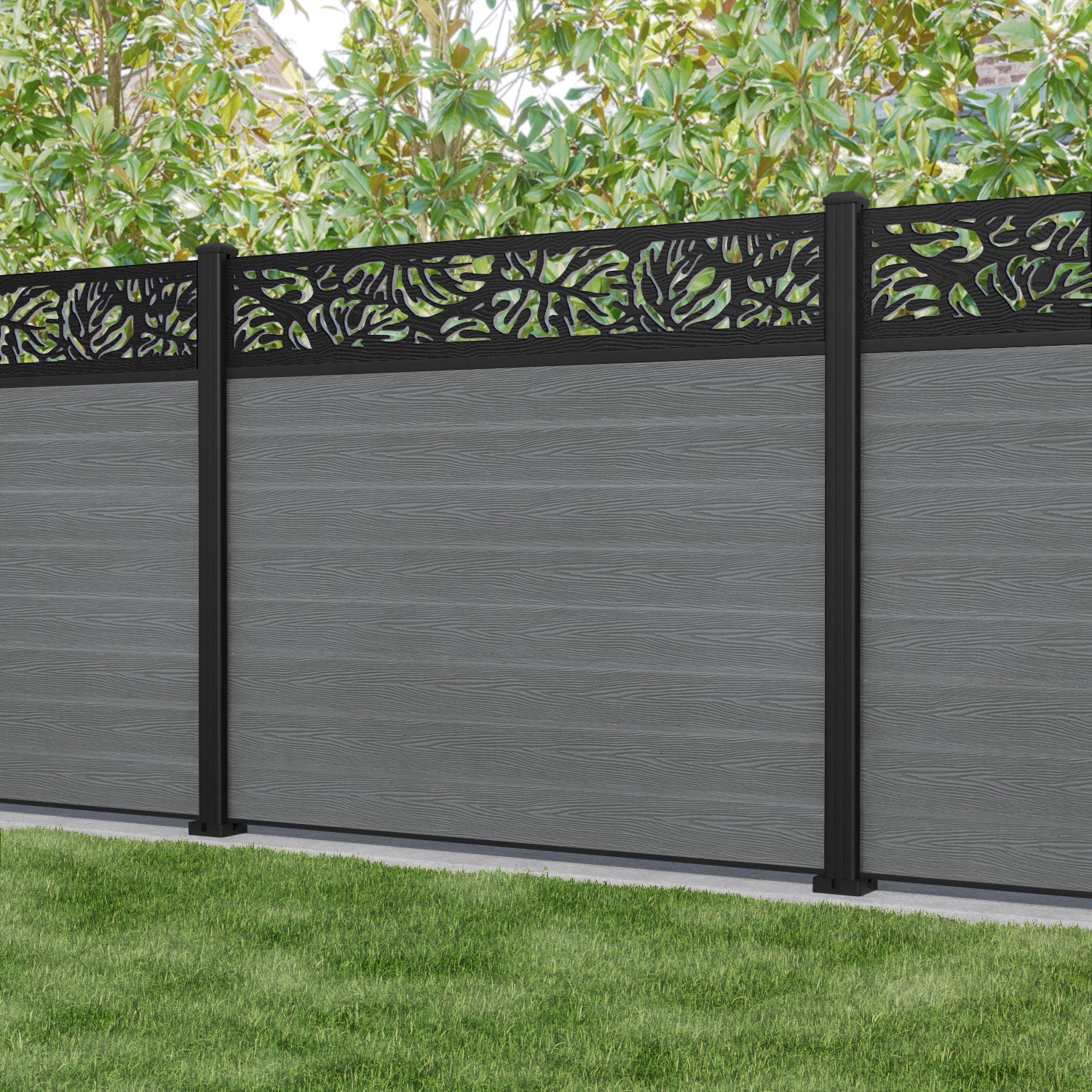 Classic Botanic Fence Panel - Mid Grey - with our aluminium posts