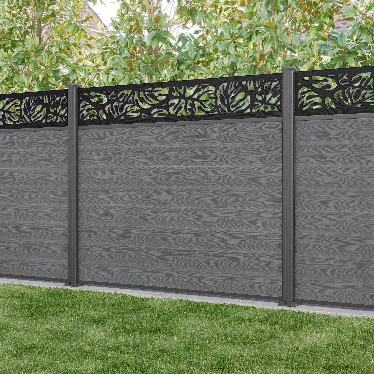 Classic Botanic Fence Panel - Mid Grey - with our aluminium posts