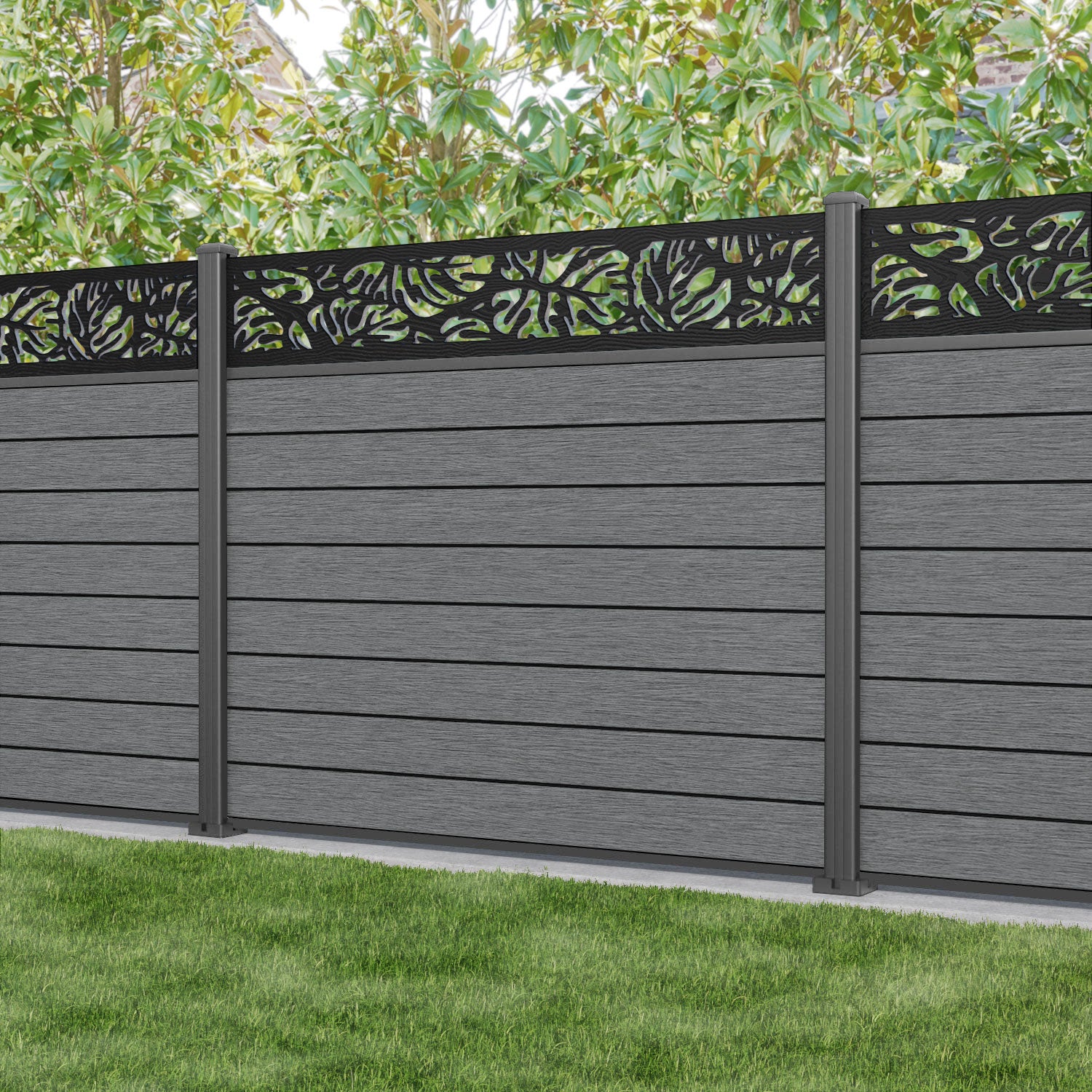 Fusion Botanic Fence Panel - Mid Grey - with our aluminium posts