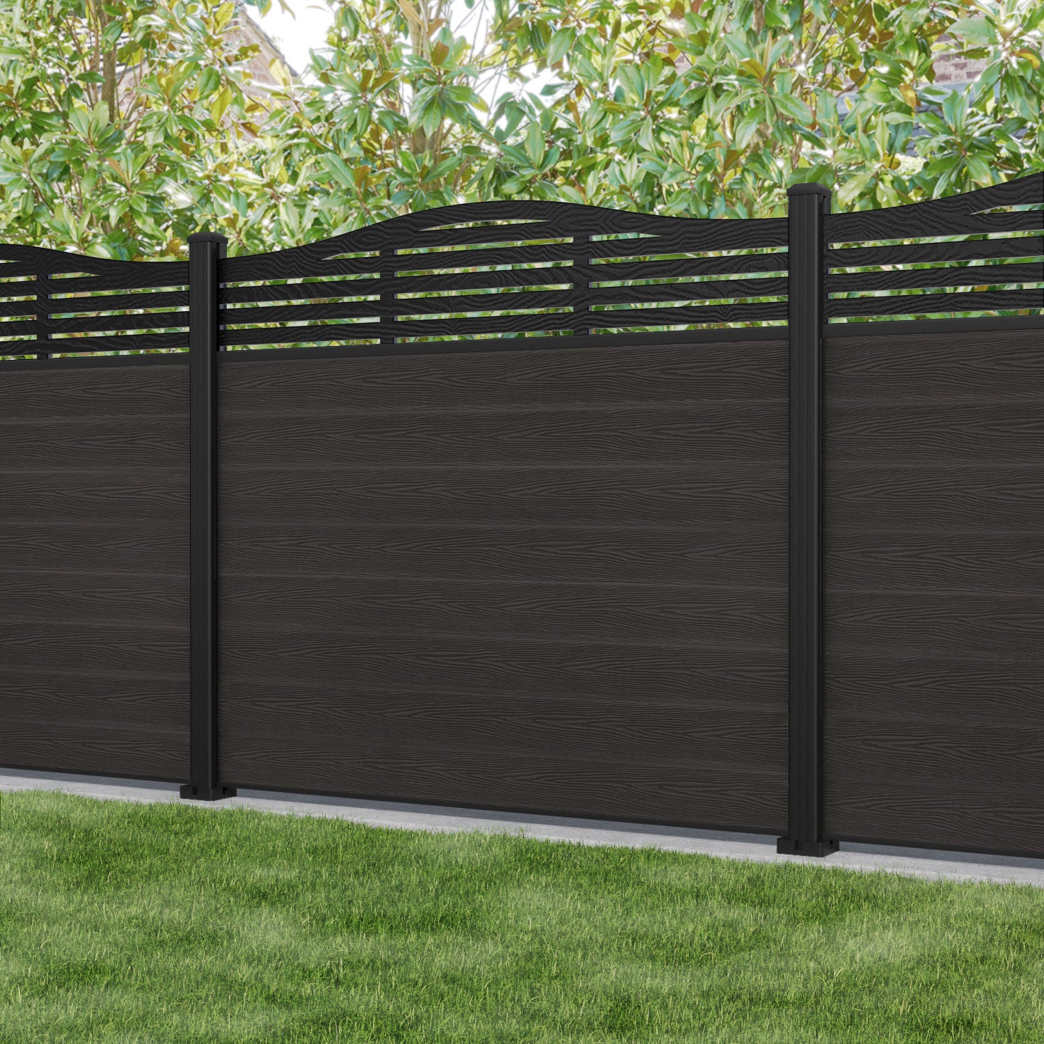 Classic Aspen Curved Top Fence Panel - Dark Oak - with our aluminium posts
