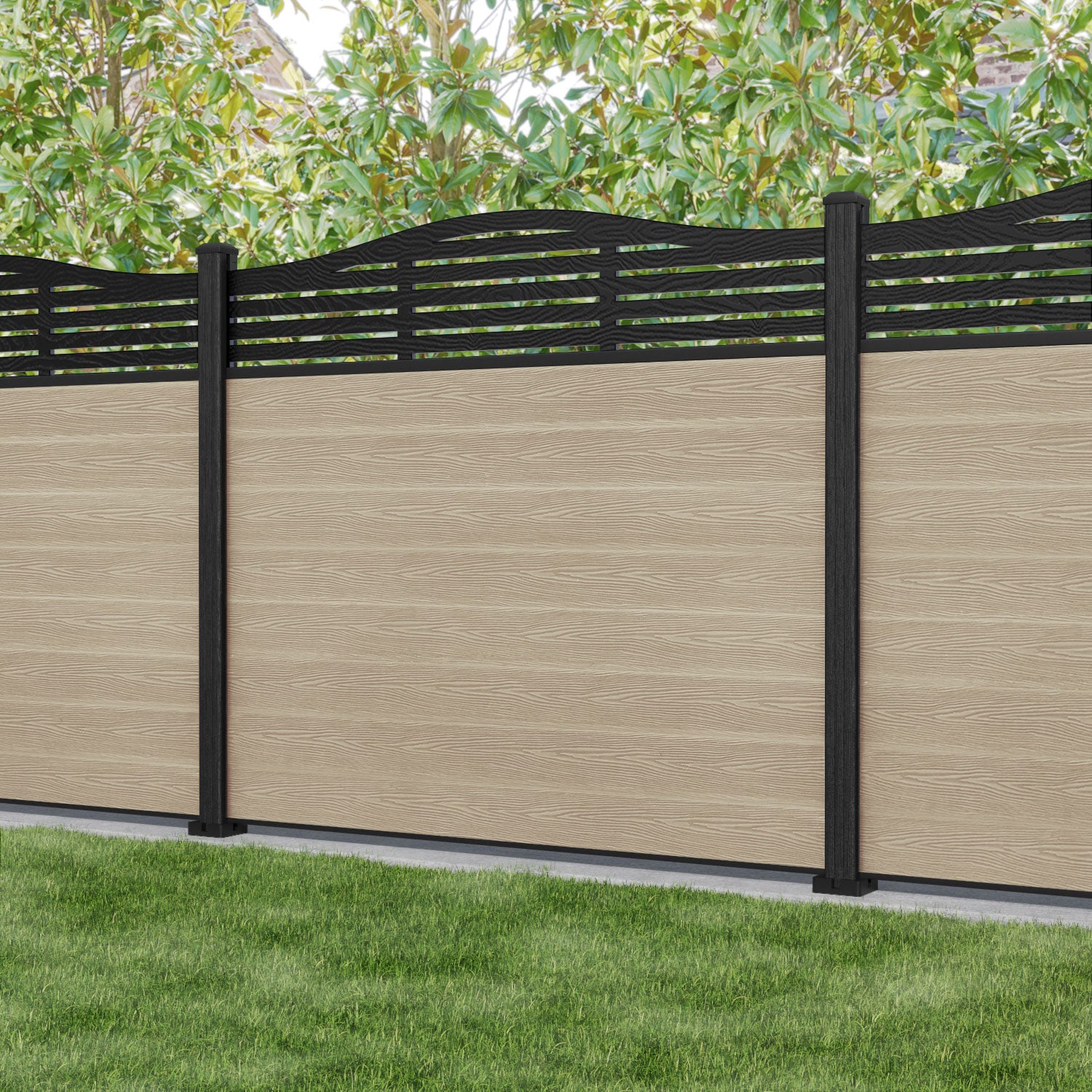 Classic Aspen Curved Top Fence Panel - Light Oak - with our composite posts