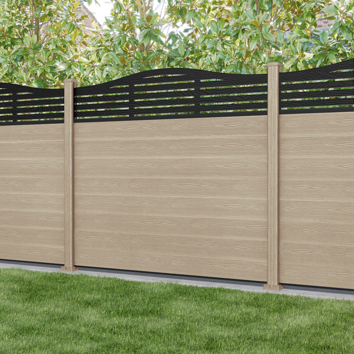 Classic Aspen Curved Top Fence Panel - Light Oak - with our composite posts