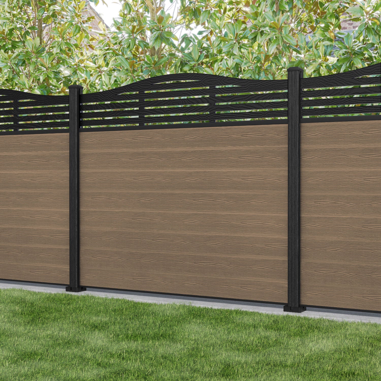 Classic Aspen Curved Top Fence Panel - Teak - with our composite posts