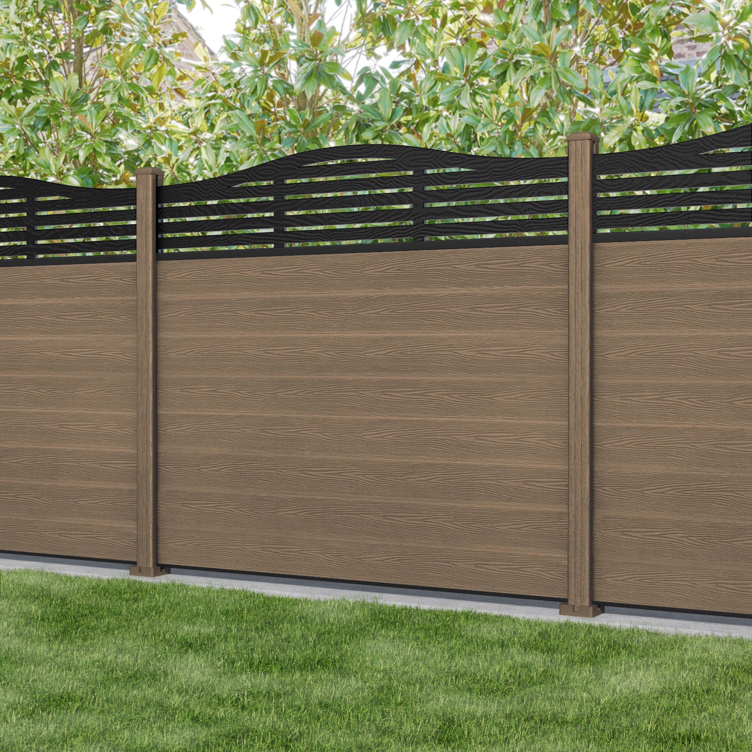 Classic Aspen Curved Top Fence Panel - Teak - with our composite posts