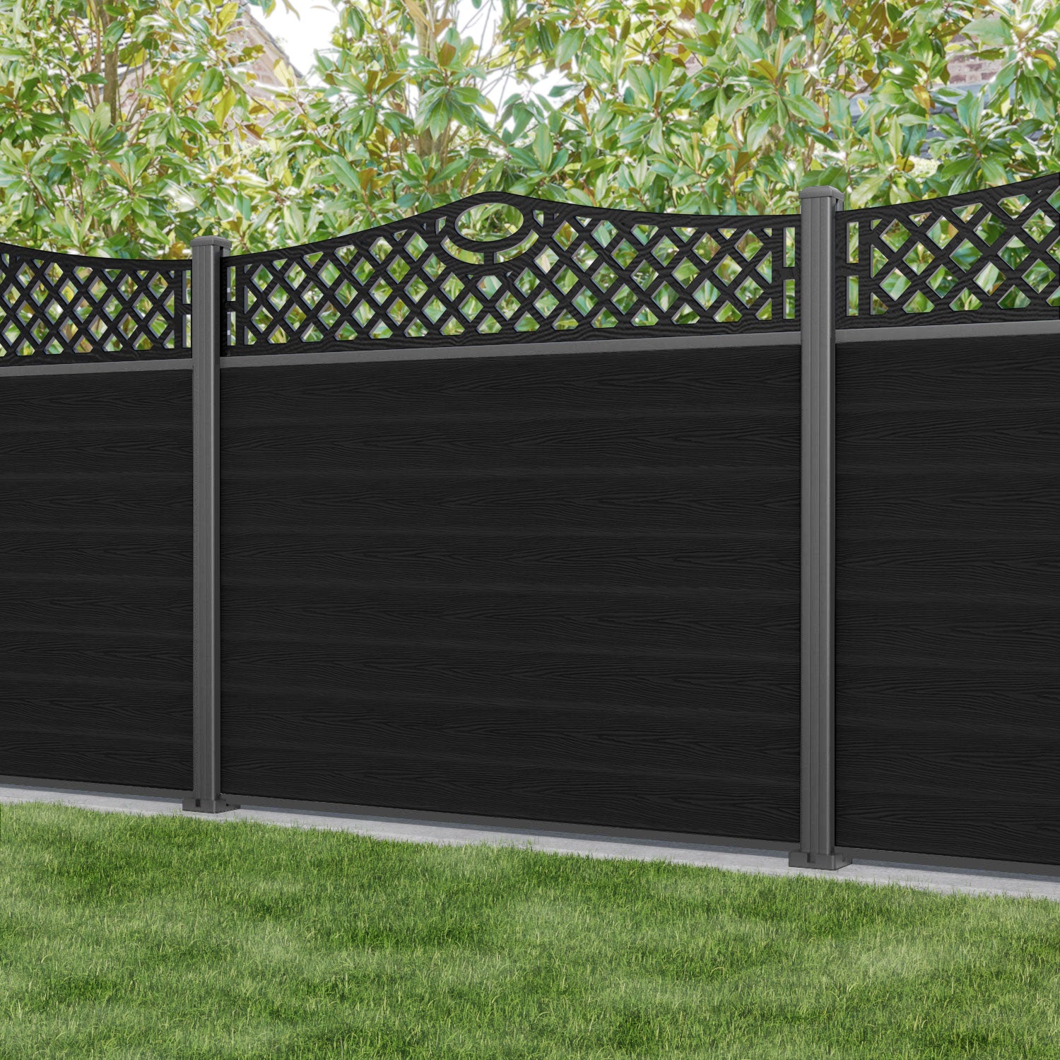 Classic Oxford Curved Top Fence Panel - Black - with our aluminium posts
