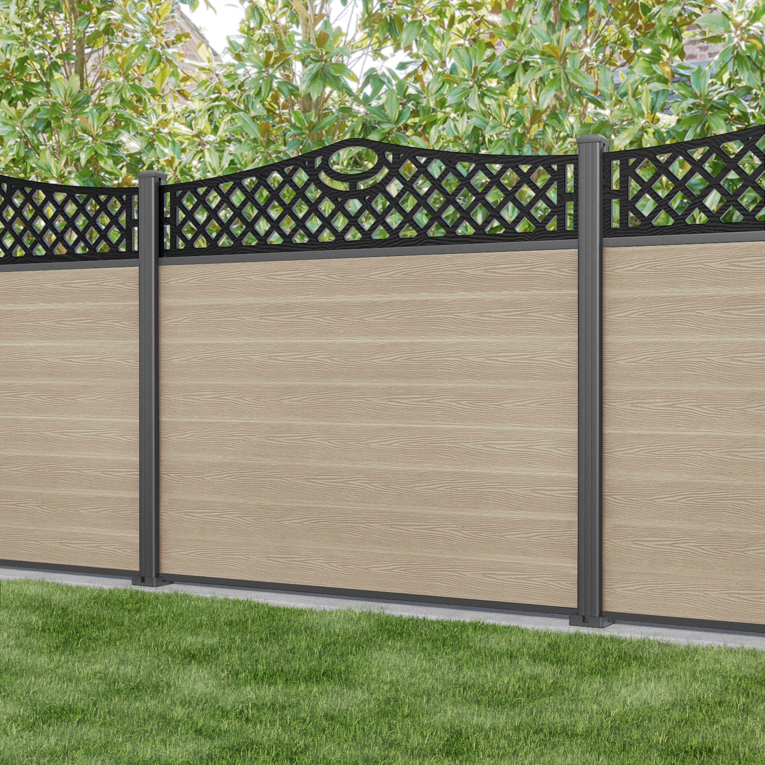 Classic Oxford Curved Top Fence Panel - Light Oak - with our aluminium posts